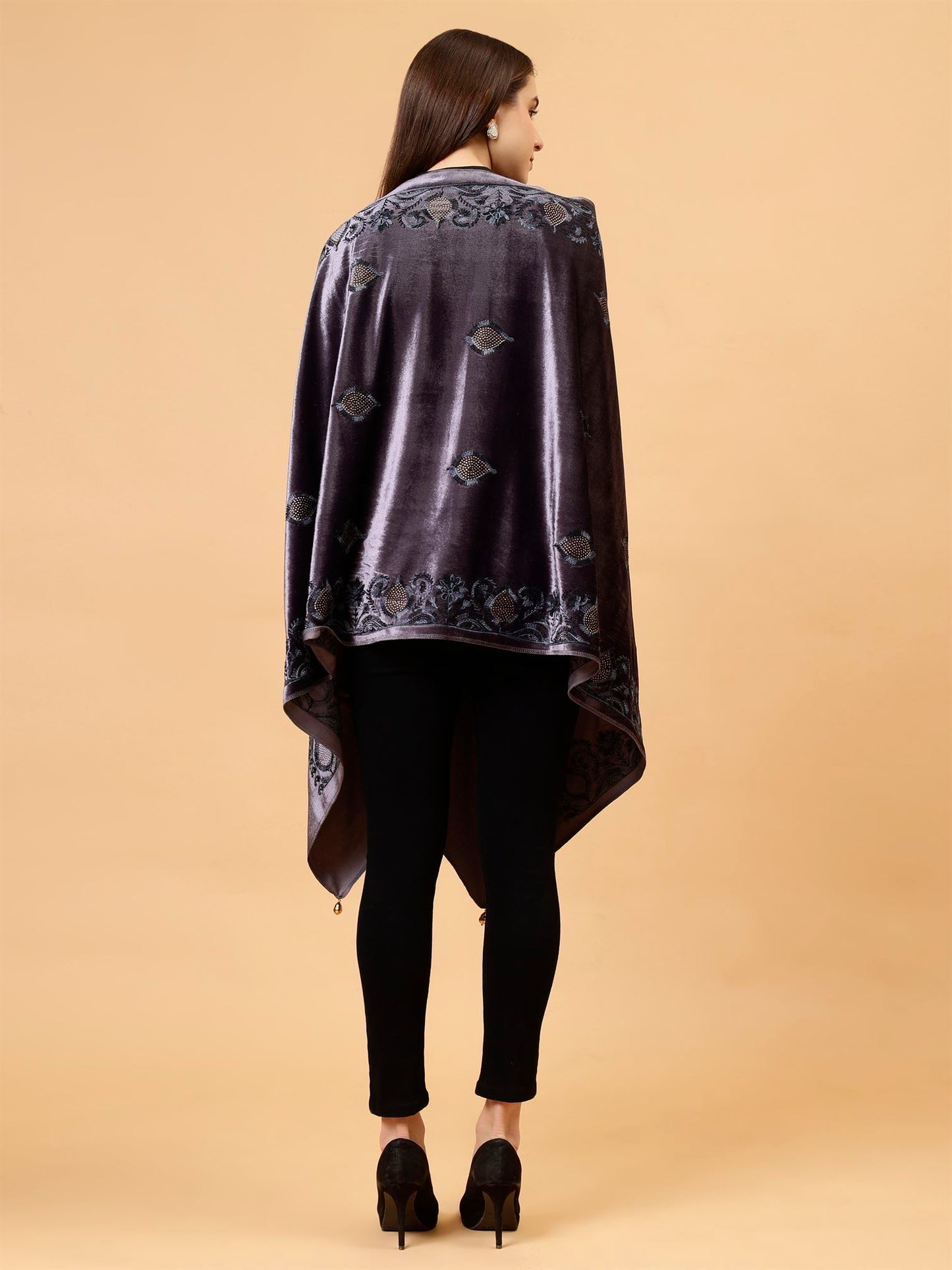 Steel Grey Embroidered Velvet Stole - MCHSVD1631SG