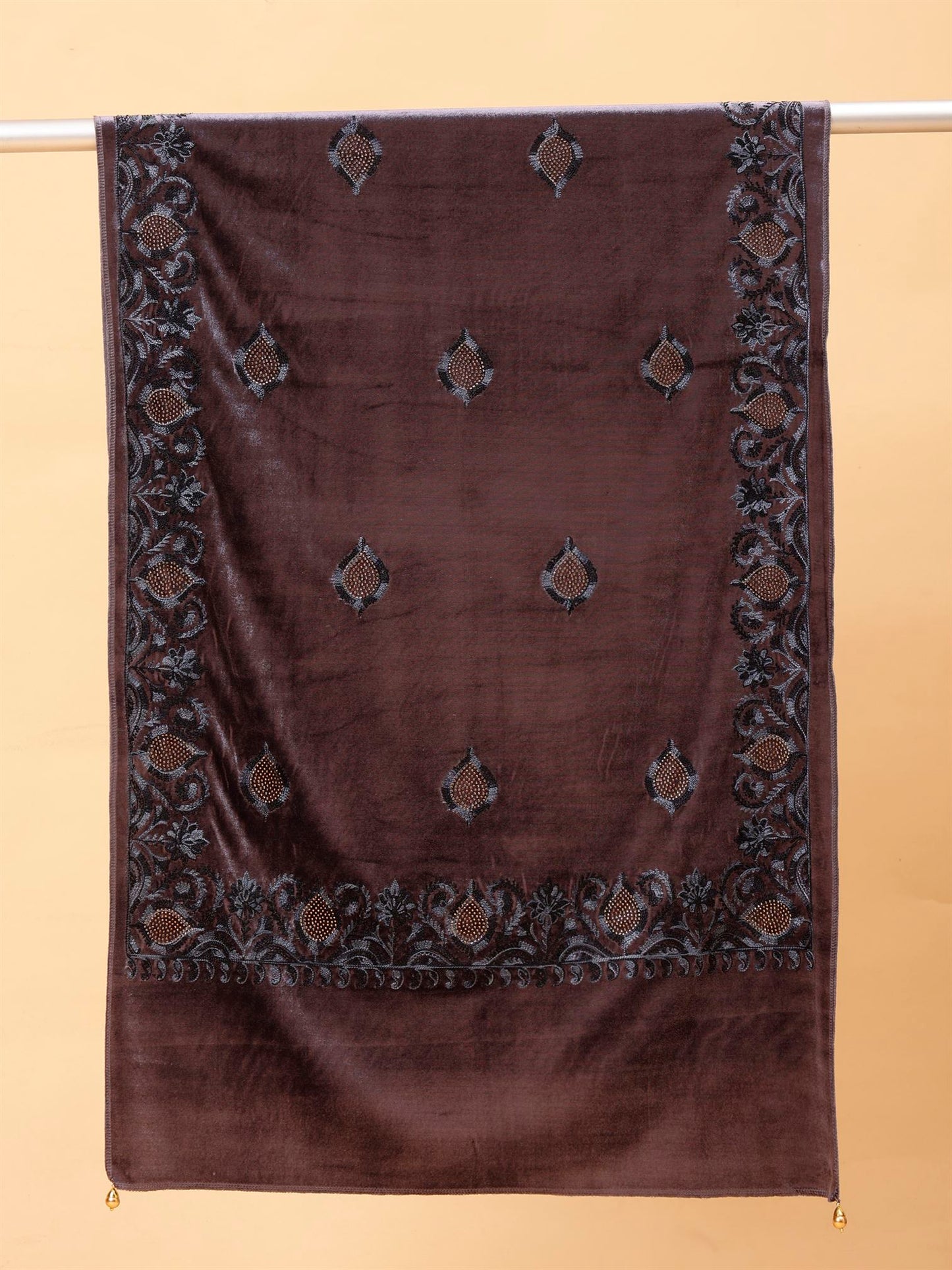 Steel Grey Embroidered Velvet Stole - MCHSVD1631SG
