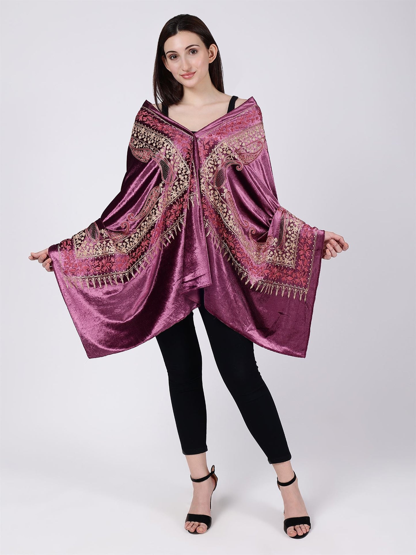 Onion Pink Embroidered Velvet Stole - MCHSVD1652