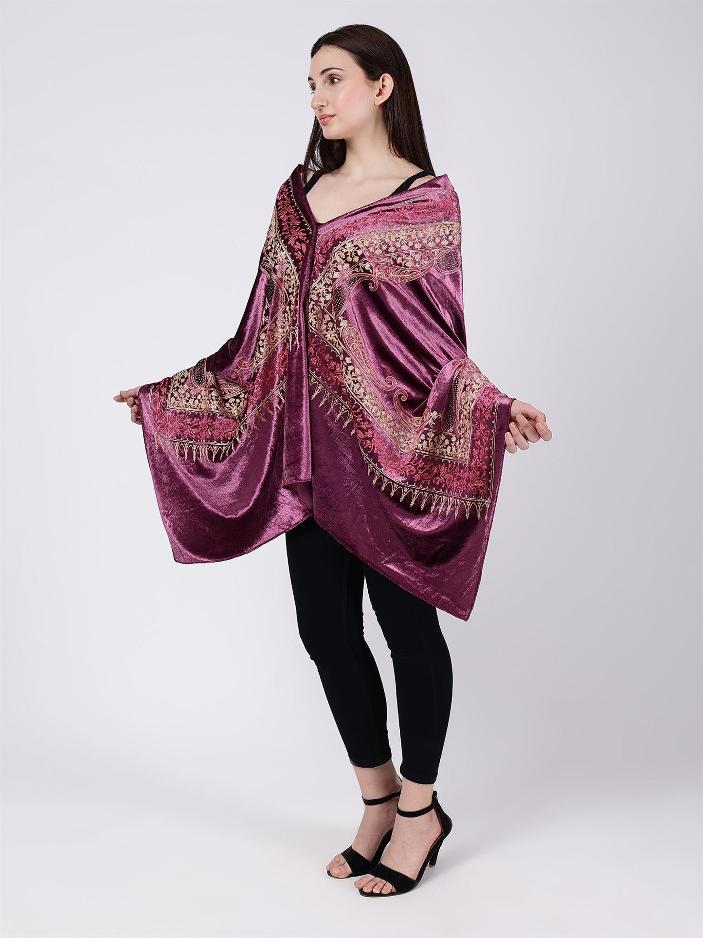 Onion Pink Embroidered Velvet Stole - MCHSVD1652