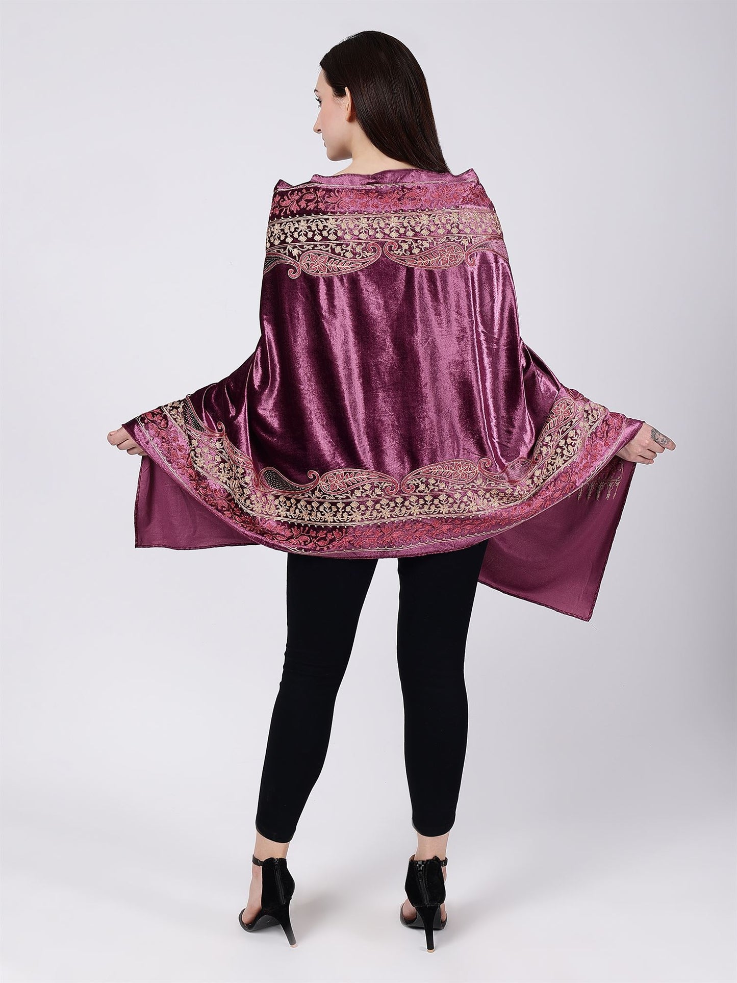 Onion Pink Embroidered Velvet Stole - MCHSVD1652