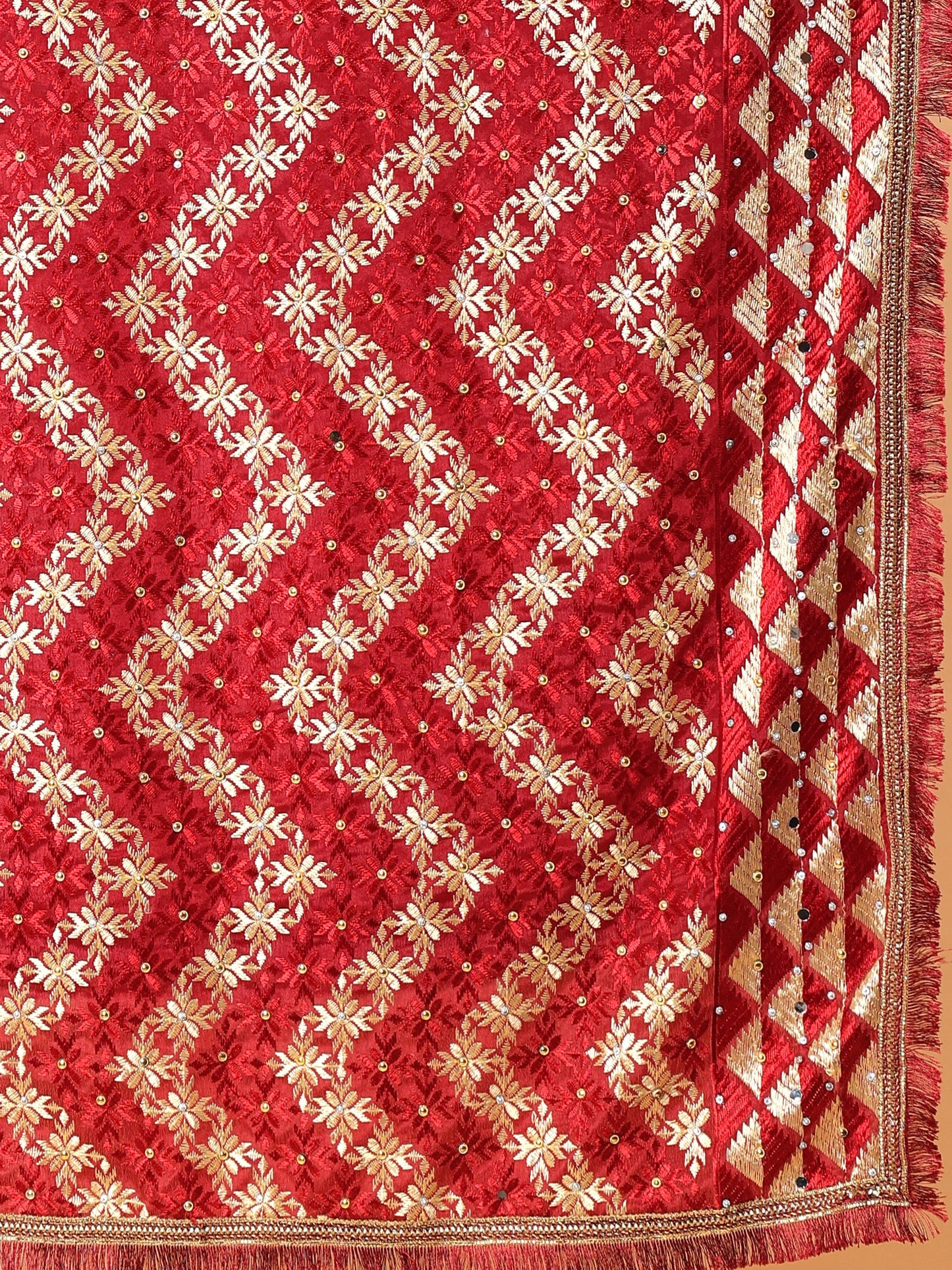 Red and Gold Phulkari Dupatta with Mirror Work | MCMMPD0253