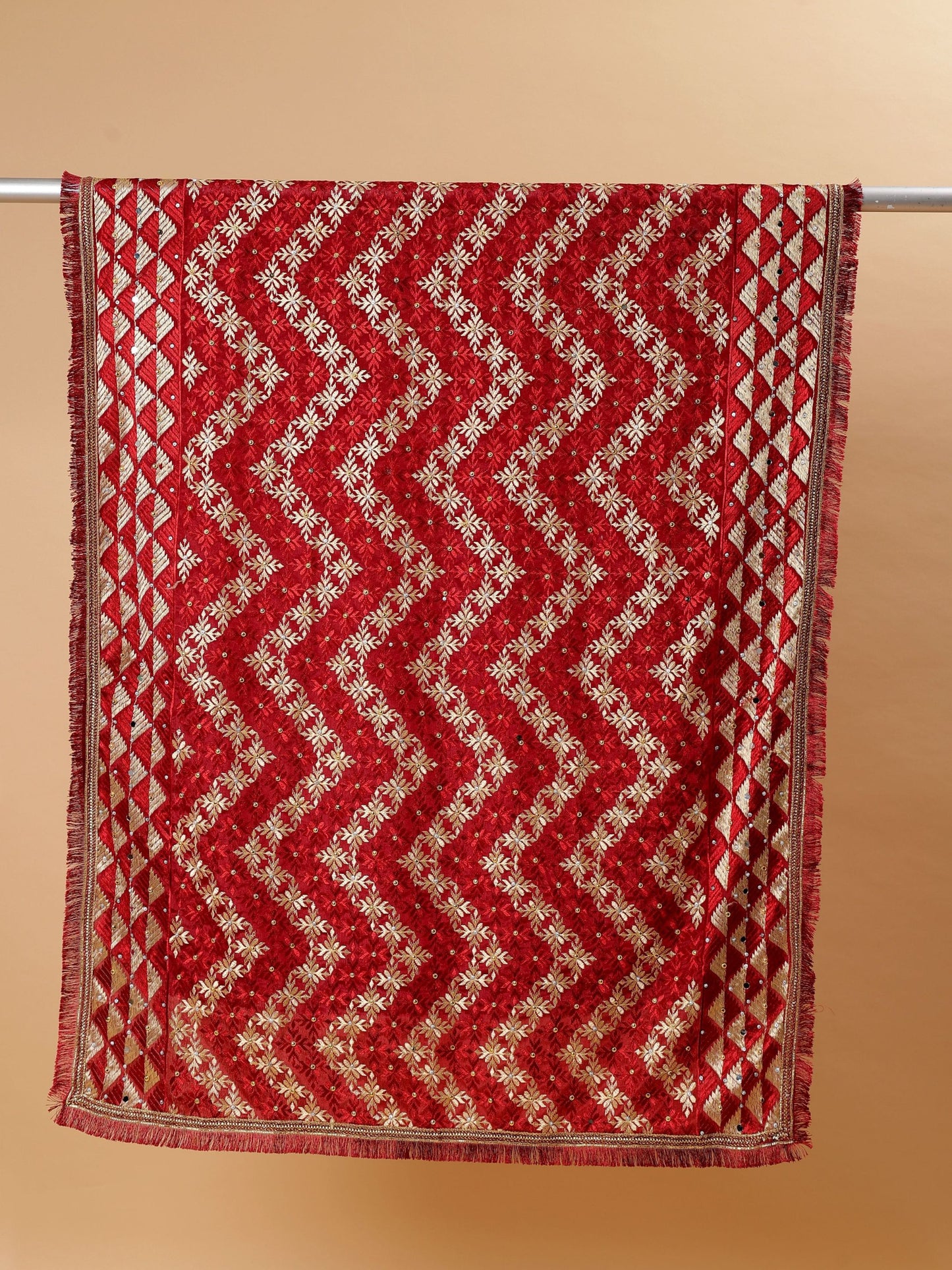 Maroon and Gold Phulkari Dupatta with Mirror Work | MCMMPD0254