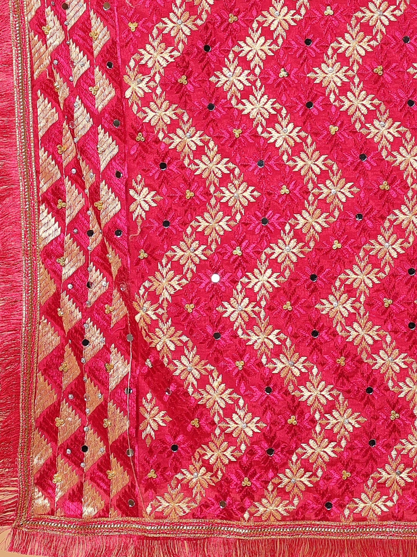Magenta and Gold Phulkari Dupatta with Mirror Work | MCMMPD0255