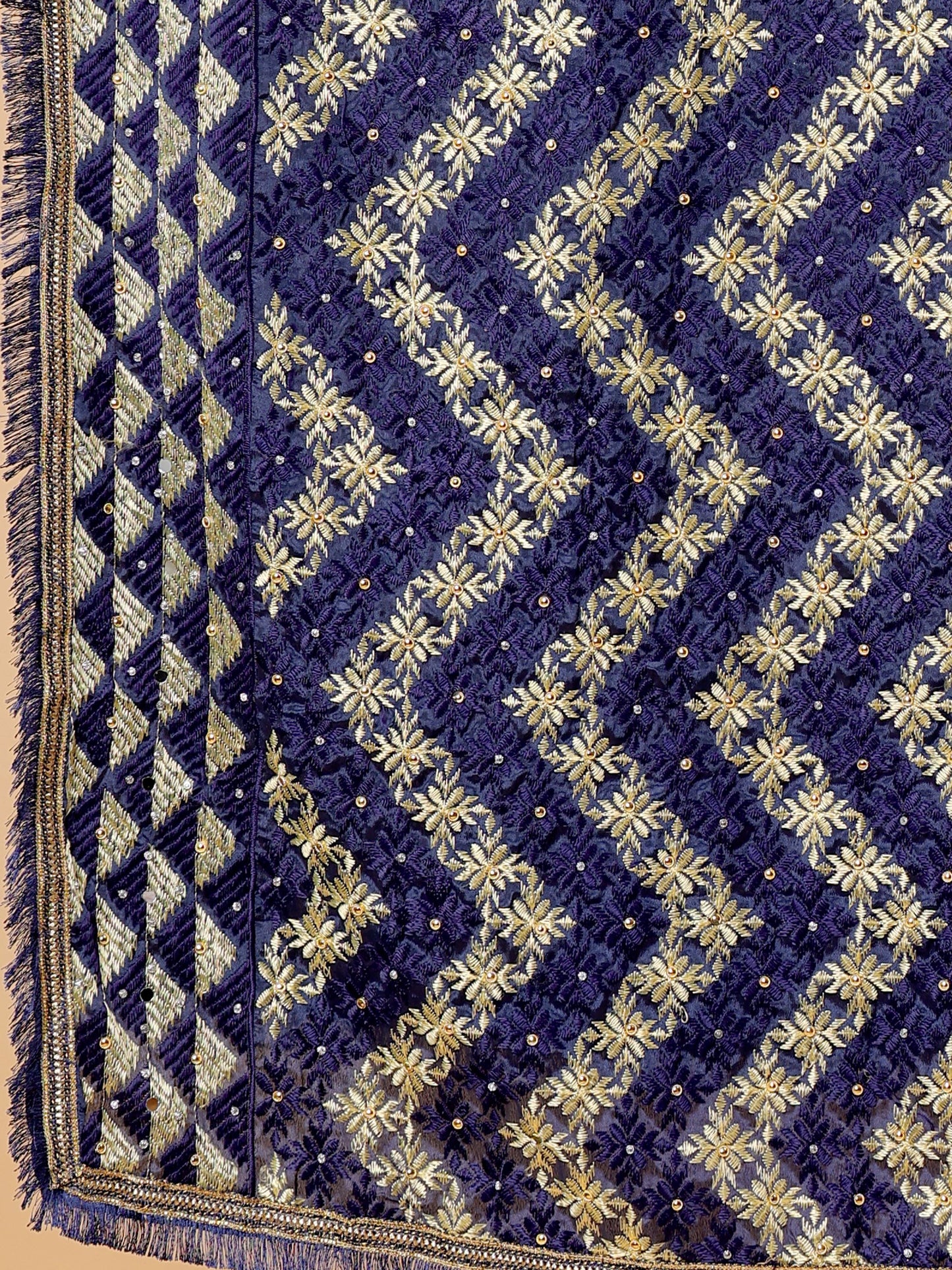 Navy Blue and Gold Phulkari Dupatta with Mirror Work | MCMMPD0256