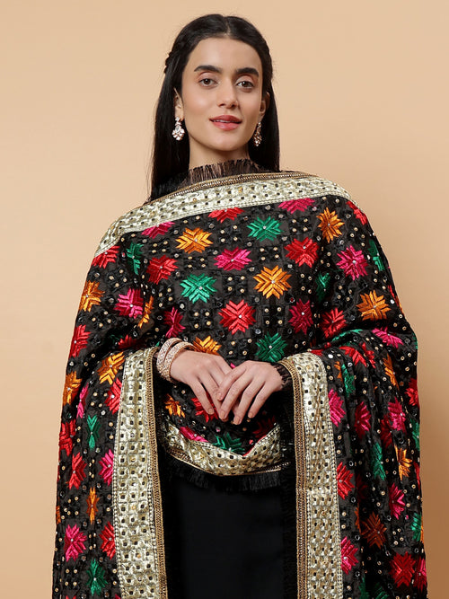 Black Multicolor Phulkari Dupattawith Mirror Work | MCMMPD0261