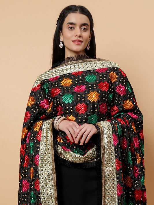 Black Multicolor Phulkari Dupattawith Mirror Work | MCMMPD0261