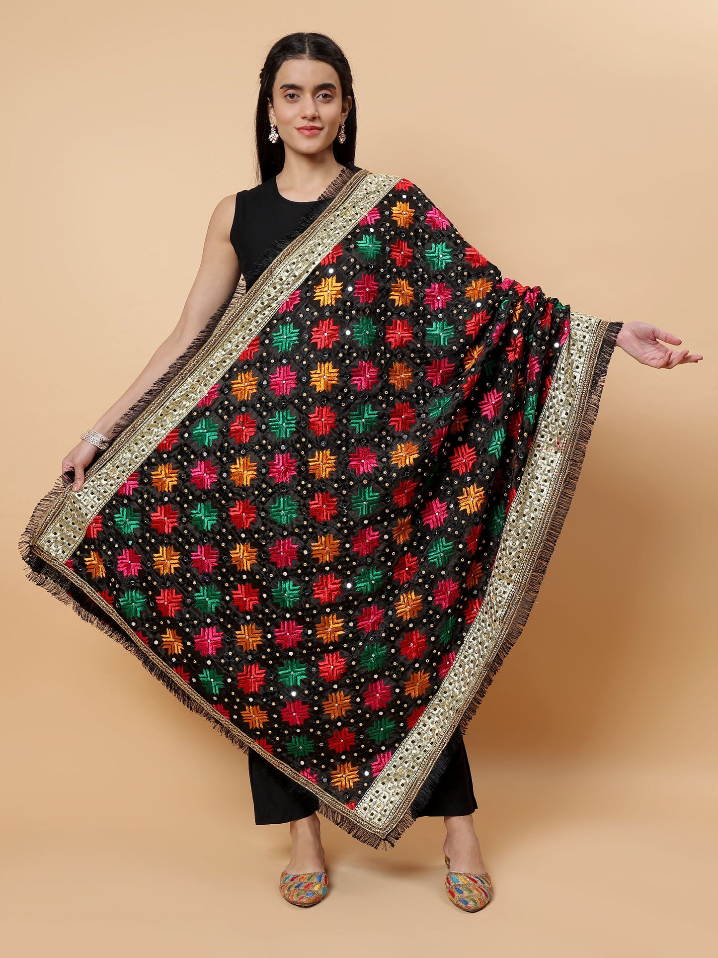 Black Multicolor Phulkari Dupattawith Mirror Work | MCMMPD0261