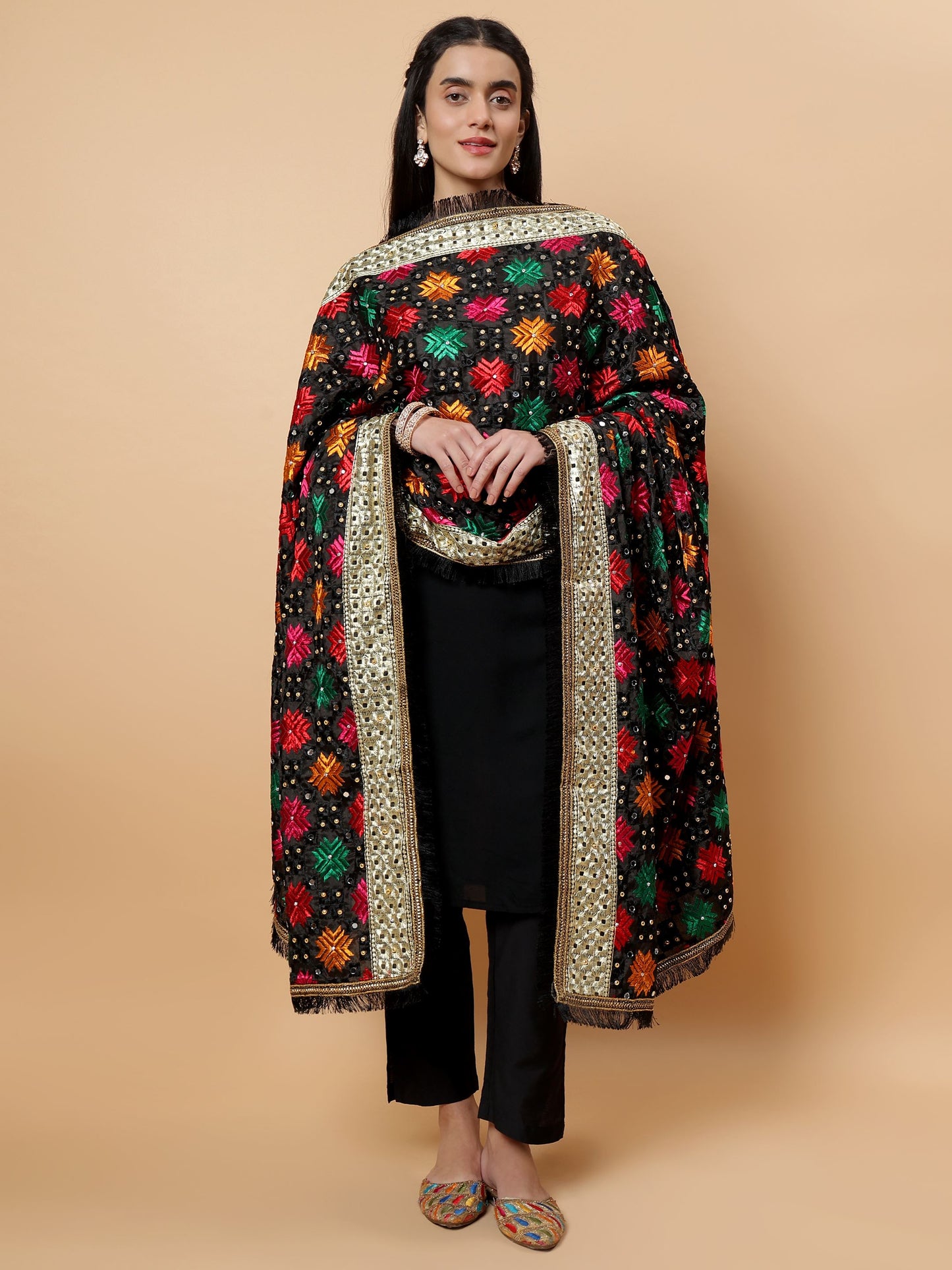 Black Multicolor Phulkari Dupattawith Mirror Work | MCMMPD0261