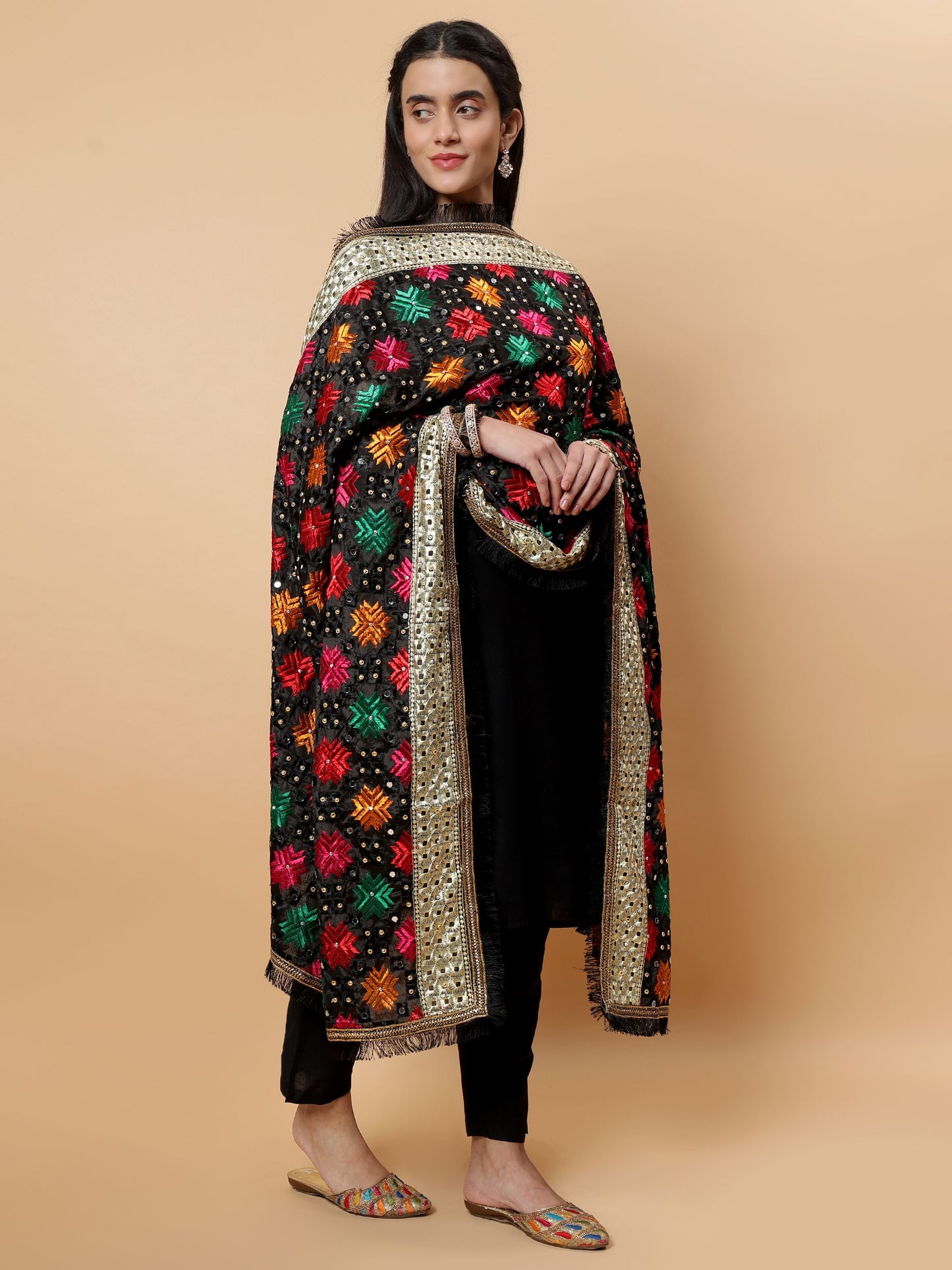 Black Multicolor Phulkari Dupattawith Mirror Work | MCMMPD0261