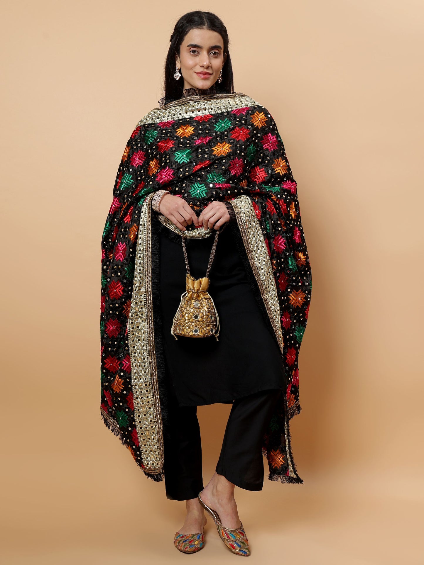 Black Multicolor Phulkari Dupattawith Mirror Work | MCMMPD0261