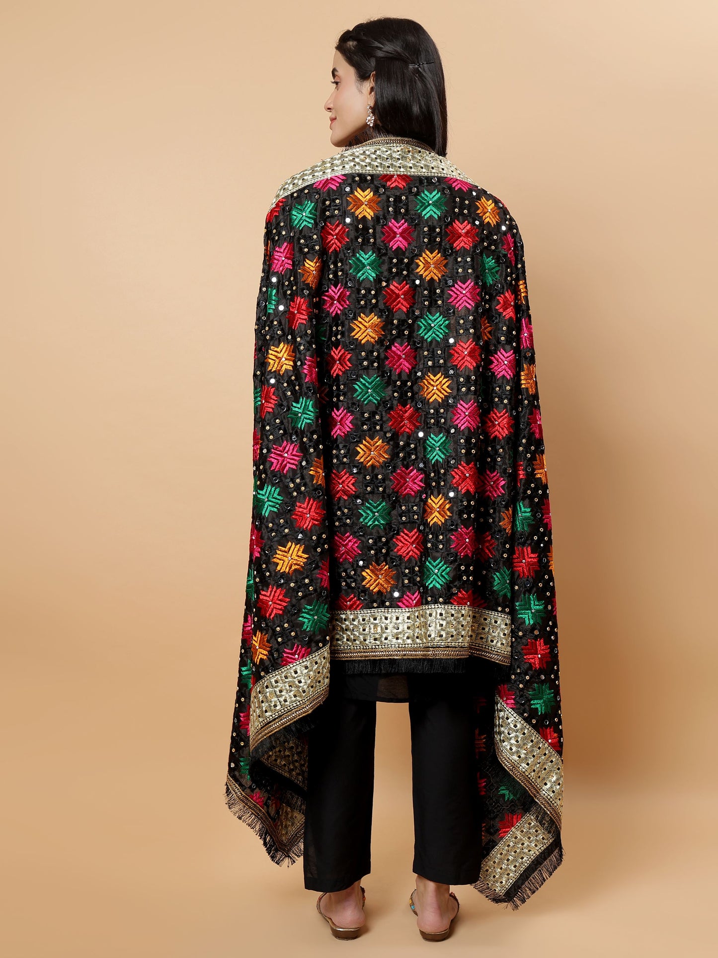 Black Multicolor Phulkari Dupattawith Mirror Work | MCMMPD0261