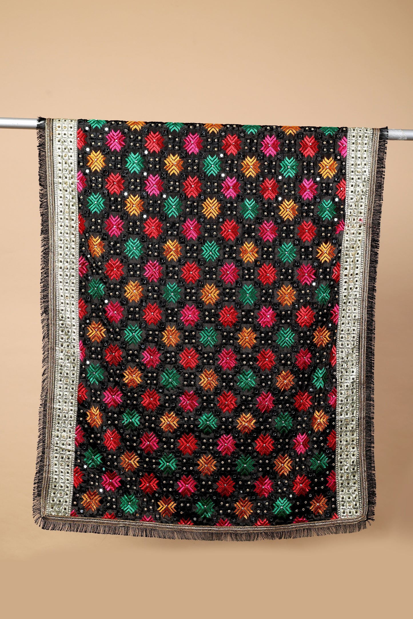 Black Multicolor Phulkari Dupattawith Mirror Work | MCMMPD0261