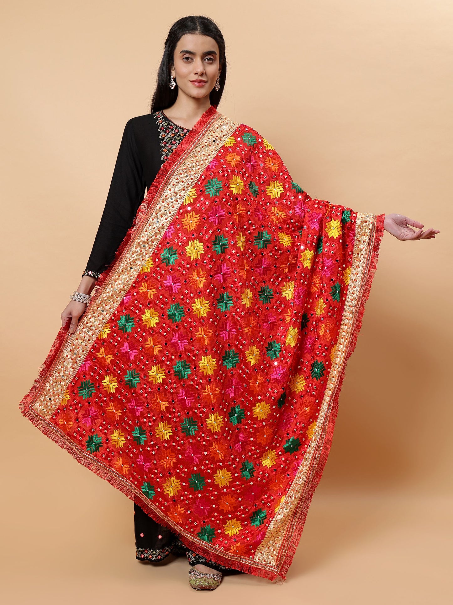Red Multicolor Phulkari Dupattawith Mirror Work | MCMMPD0263