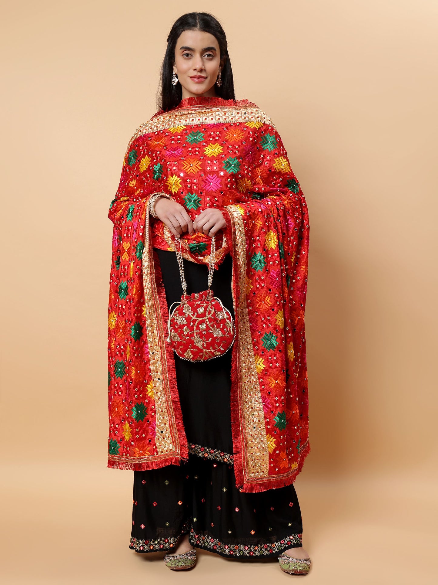 Red Multicolor Phulkari Dupattawith Mirror Work | MCMMPD0263