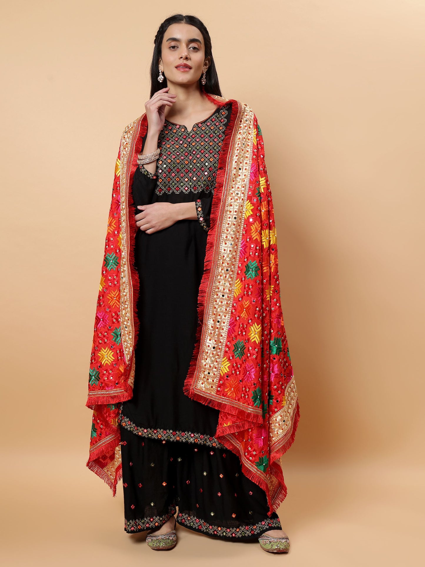 Red Multicolor Phulkari Dupattawith Mirror Work | MCMMPD0263