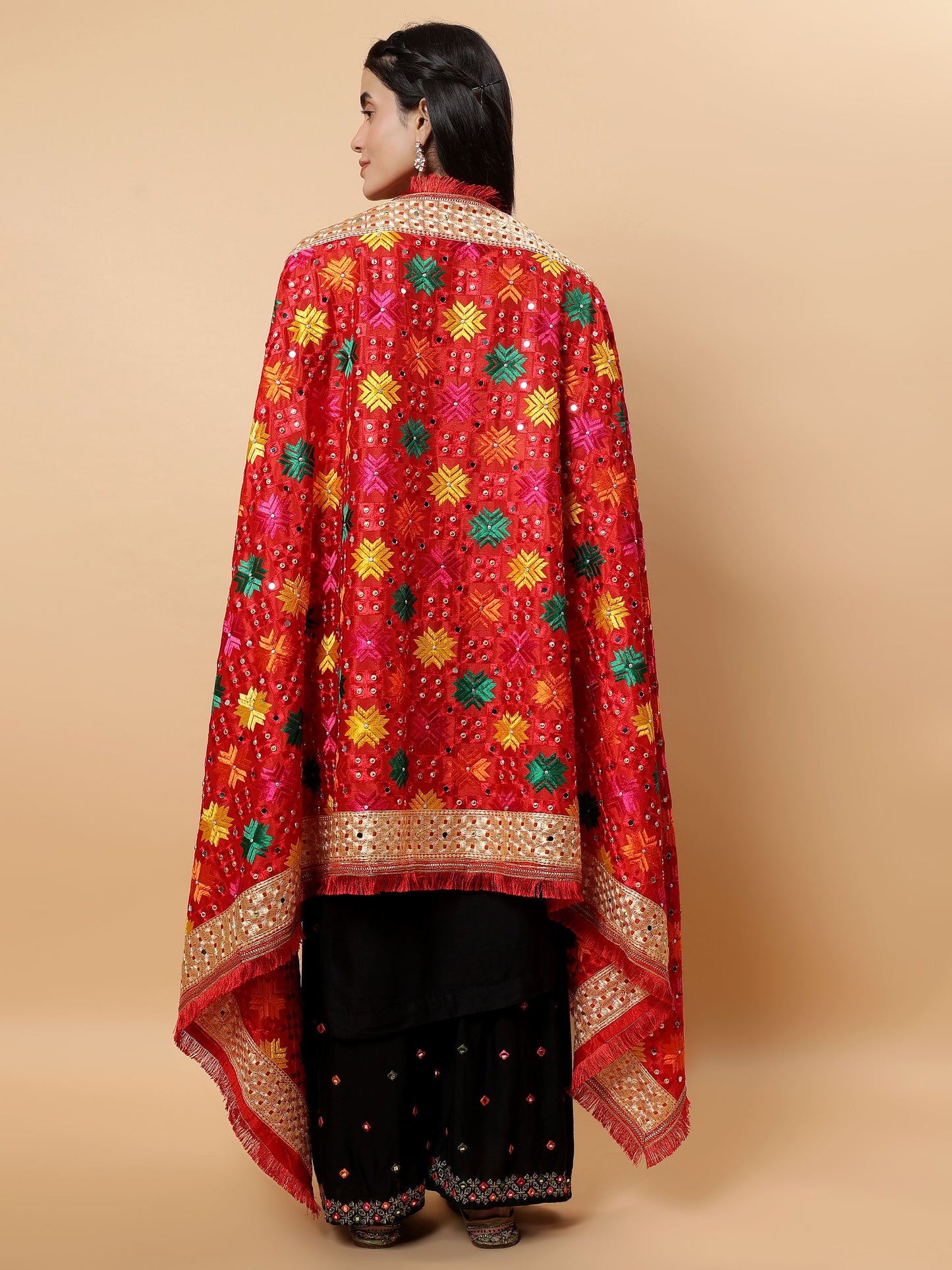 Red Multicolor Phulkari Dupattawith Mirror Work | MCMMPD0263
