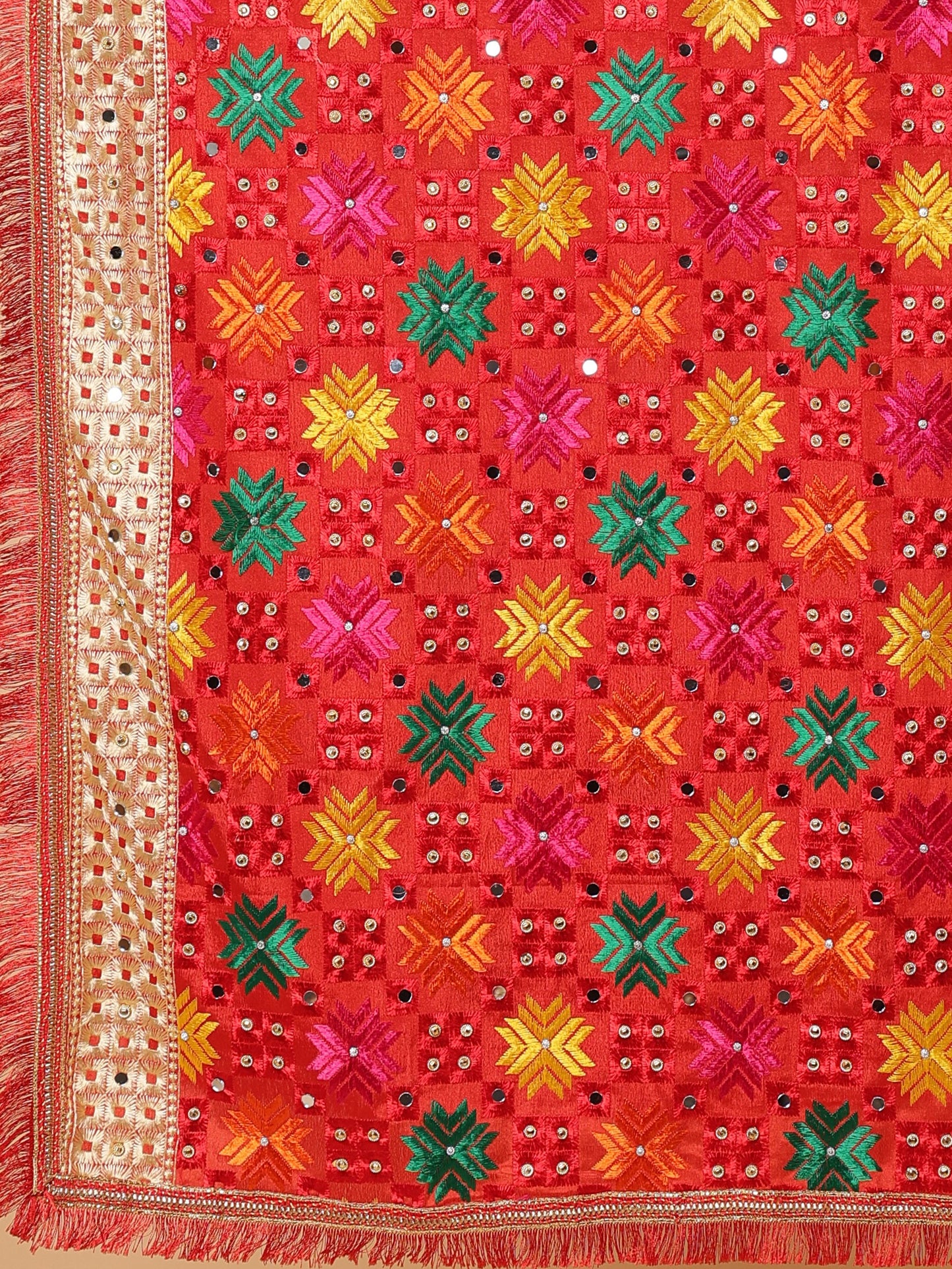 Red Multicolor Phulkari Dupattawith Mirror Work | MCMMPD0263