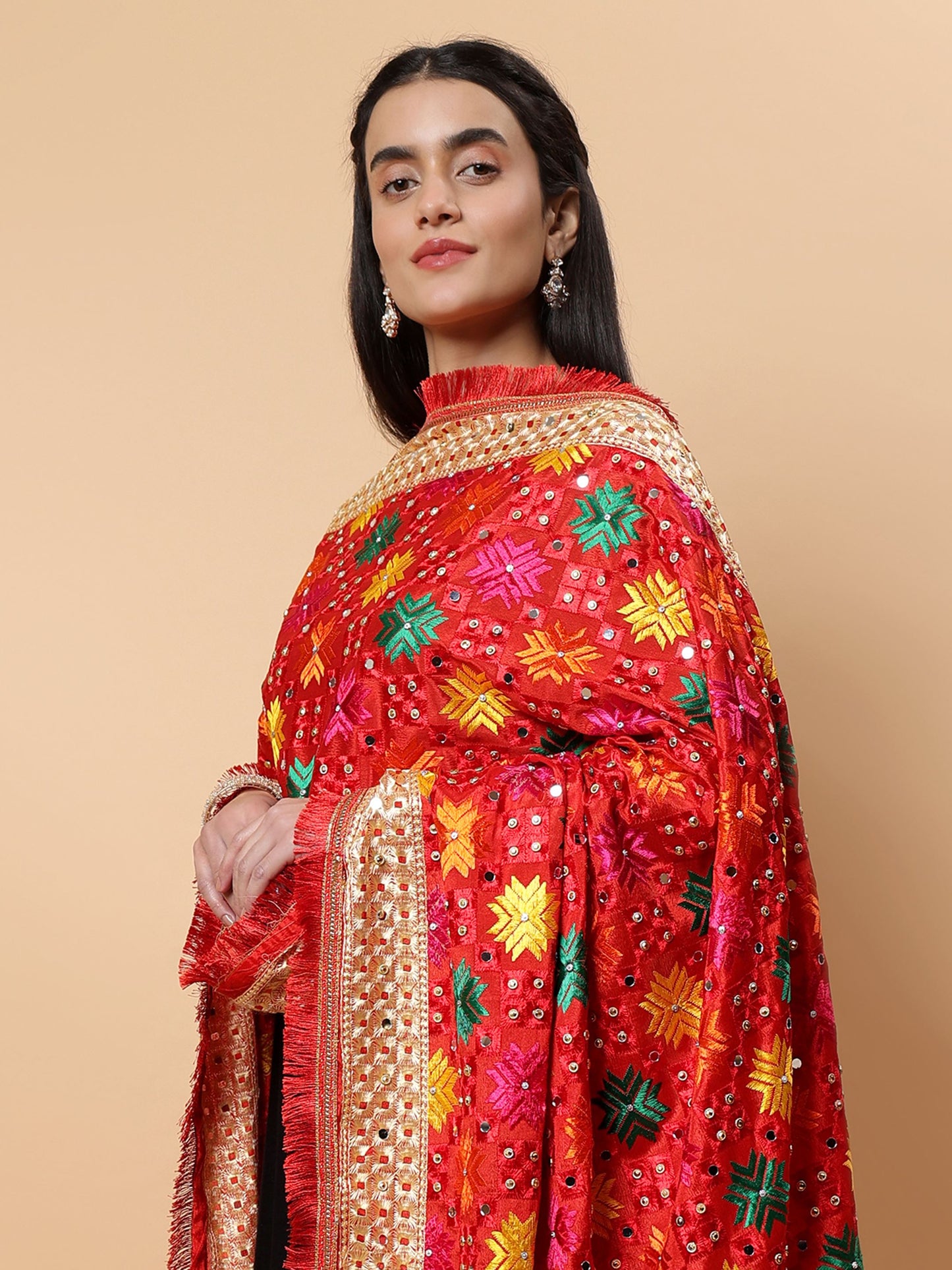Red Multicolor Phulkari Dupattawith Mirror Work | MCMMPD0263