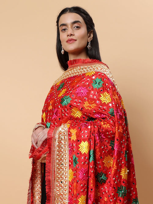 Red Multicolor Phulkari Dupattawith Mirror Work | MCMMPD0263