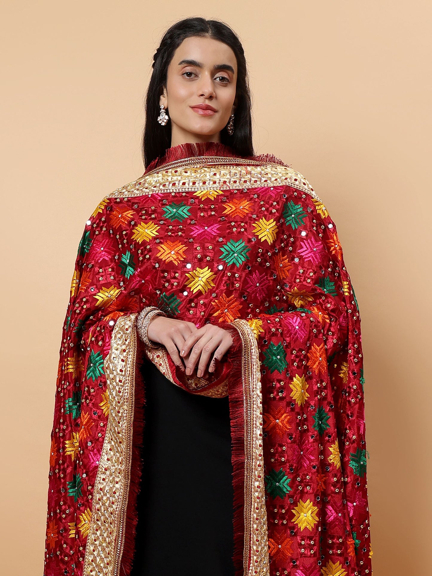 Maroon Multicolor Phulkari Dupattawith Mirror Work | MCMMPD0264