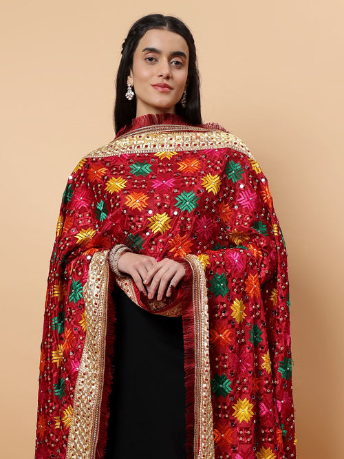 Maroon Multicolor Phulkari Dupattawith Mirror Work | MCMMPD0264