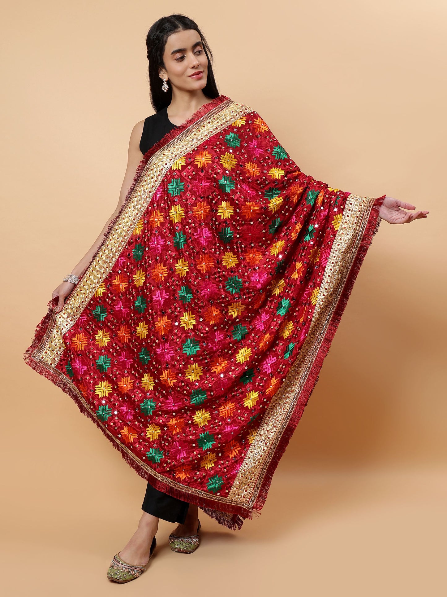 Maroon Multicolor Phulkari Dupattawith Mirror Work | MCMMPD0264