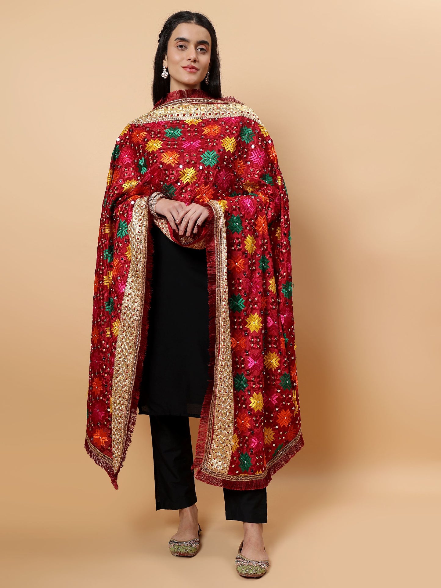 Maroon Multicolor Phulkari Dupattawith Mirror Work | MCMMPD0264