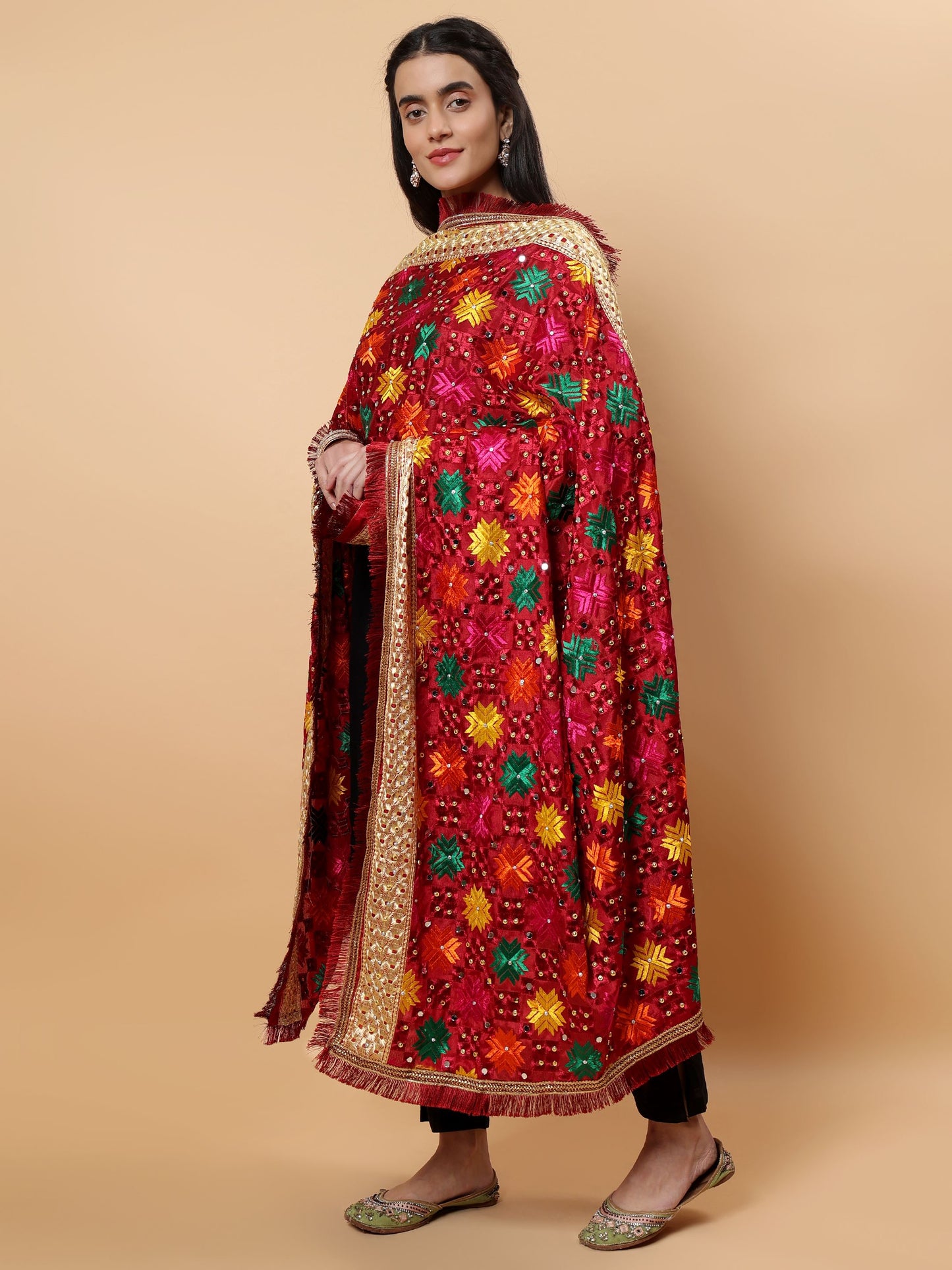 Maroon Multicolor Phulkari Dupattawith Mirror Work | MCMMPD0264