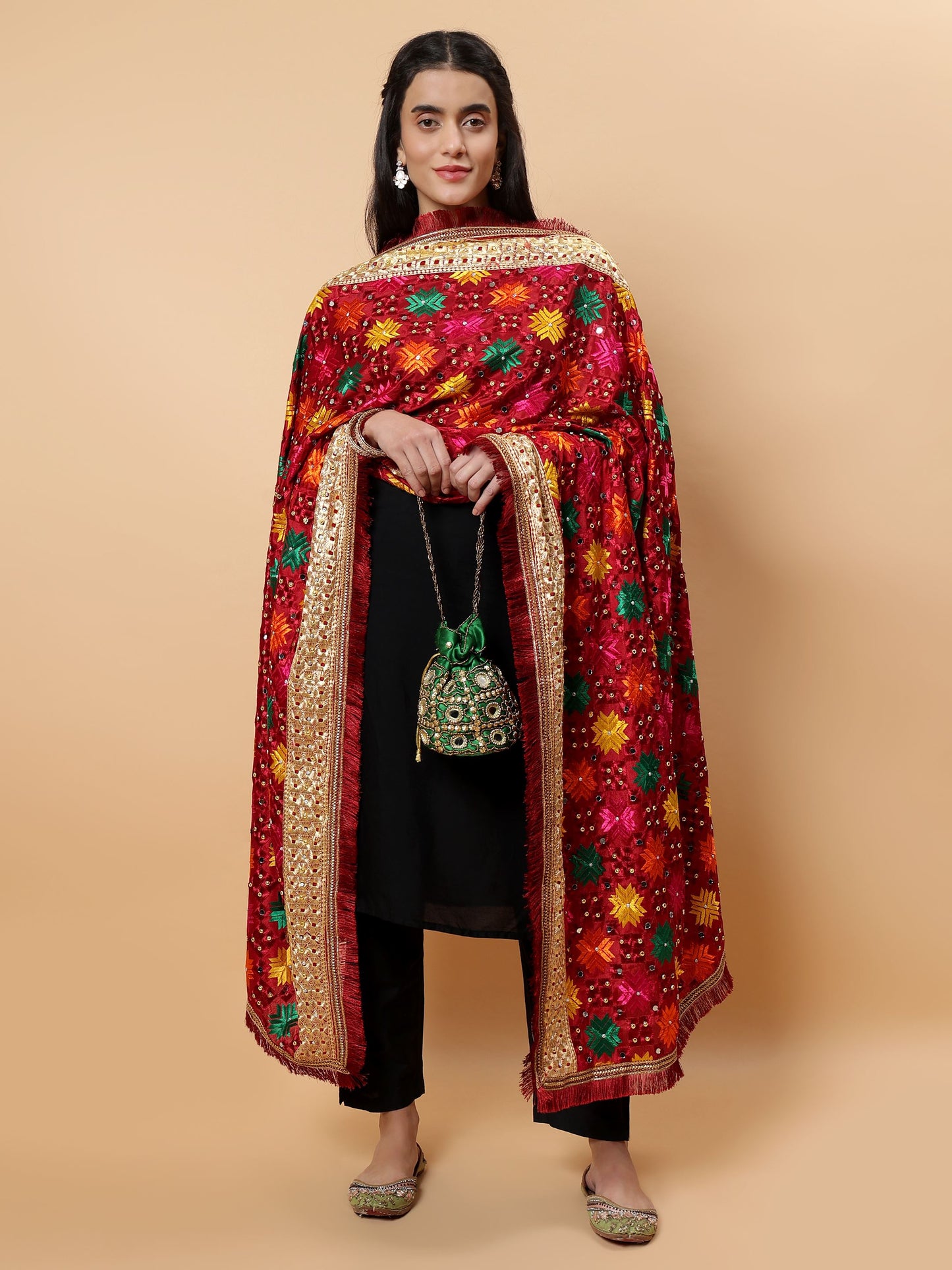 Maroon Multicolor Phulkari Dupattawith Mirror Work | MCMMPD0264