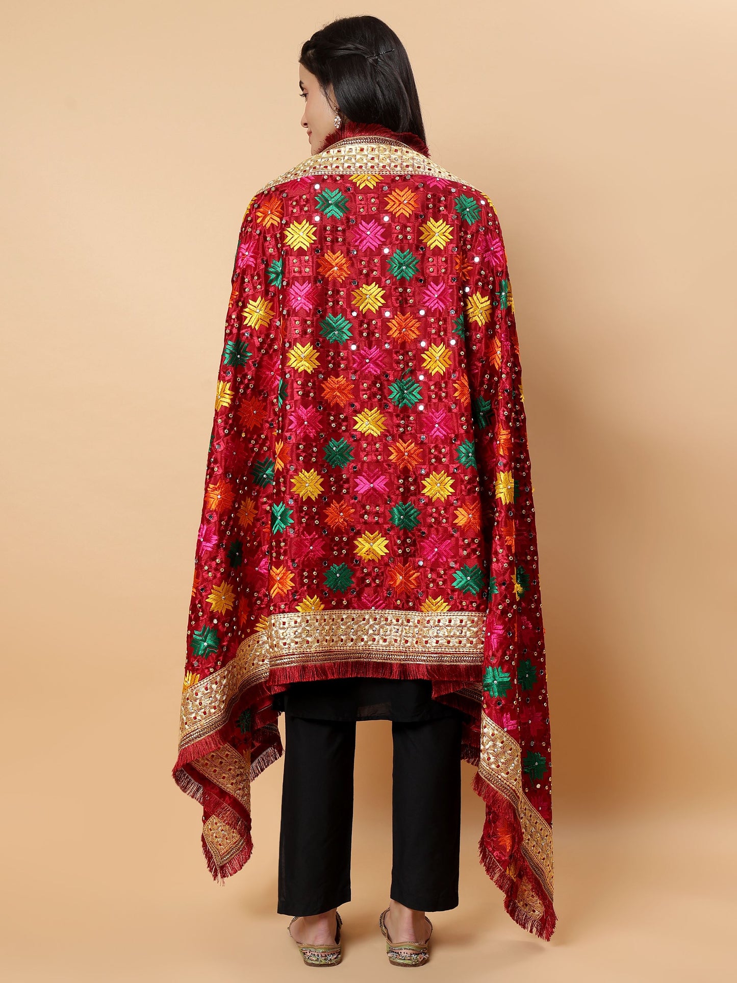 Maroon Multicolor Phulkari Dupattawith Mirror Work | MCMMPD0264