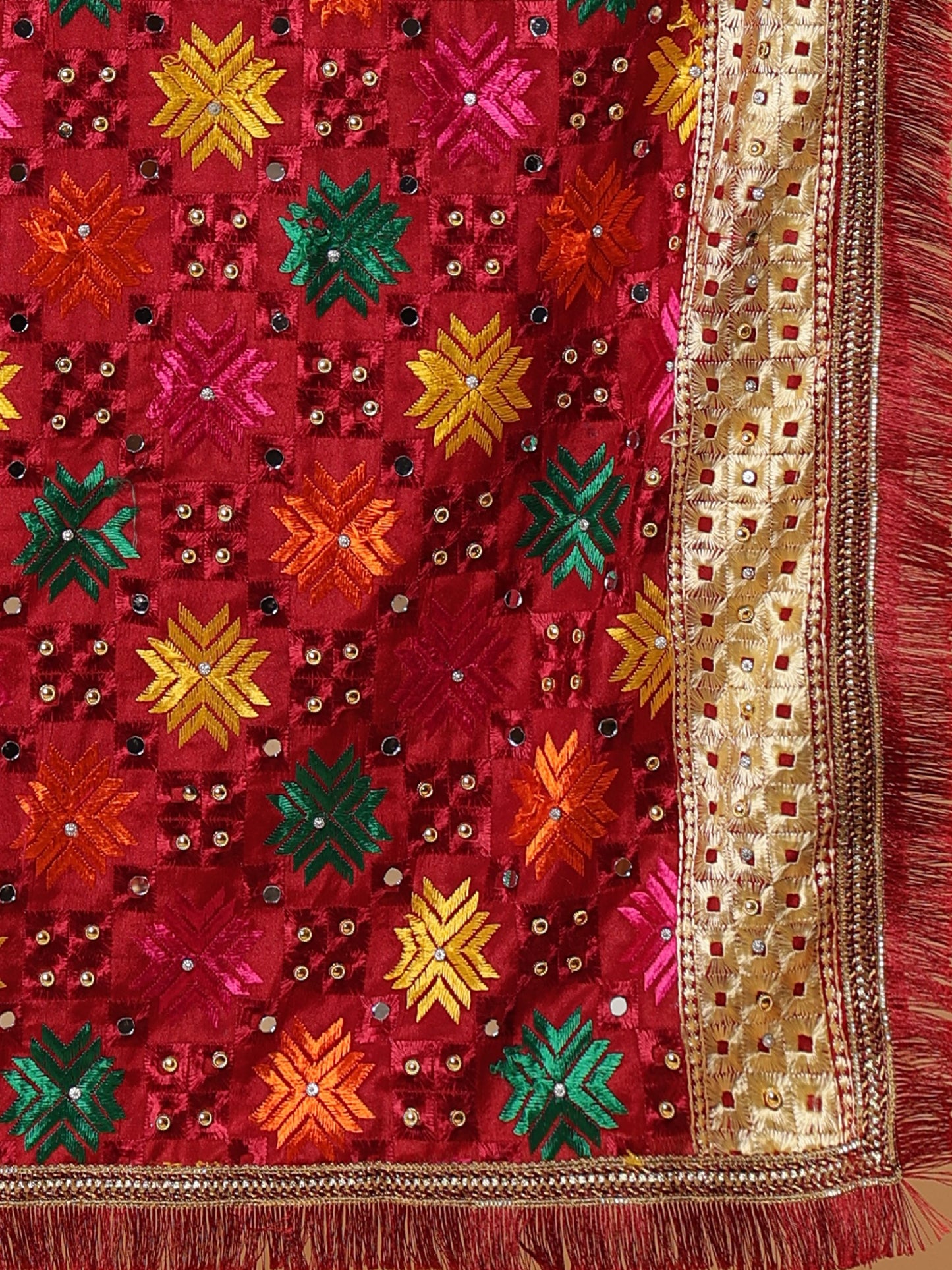 Maroon Multicolor Phulkari Dupattawith Mirror Work | MCMMPD0264