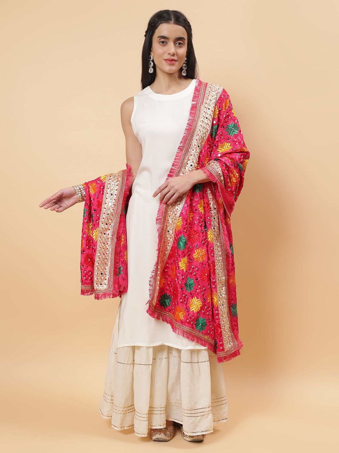 Magenta Multicolor Phulkari Dupattawith Mirror Work | MCMMPD0265