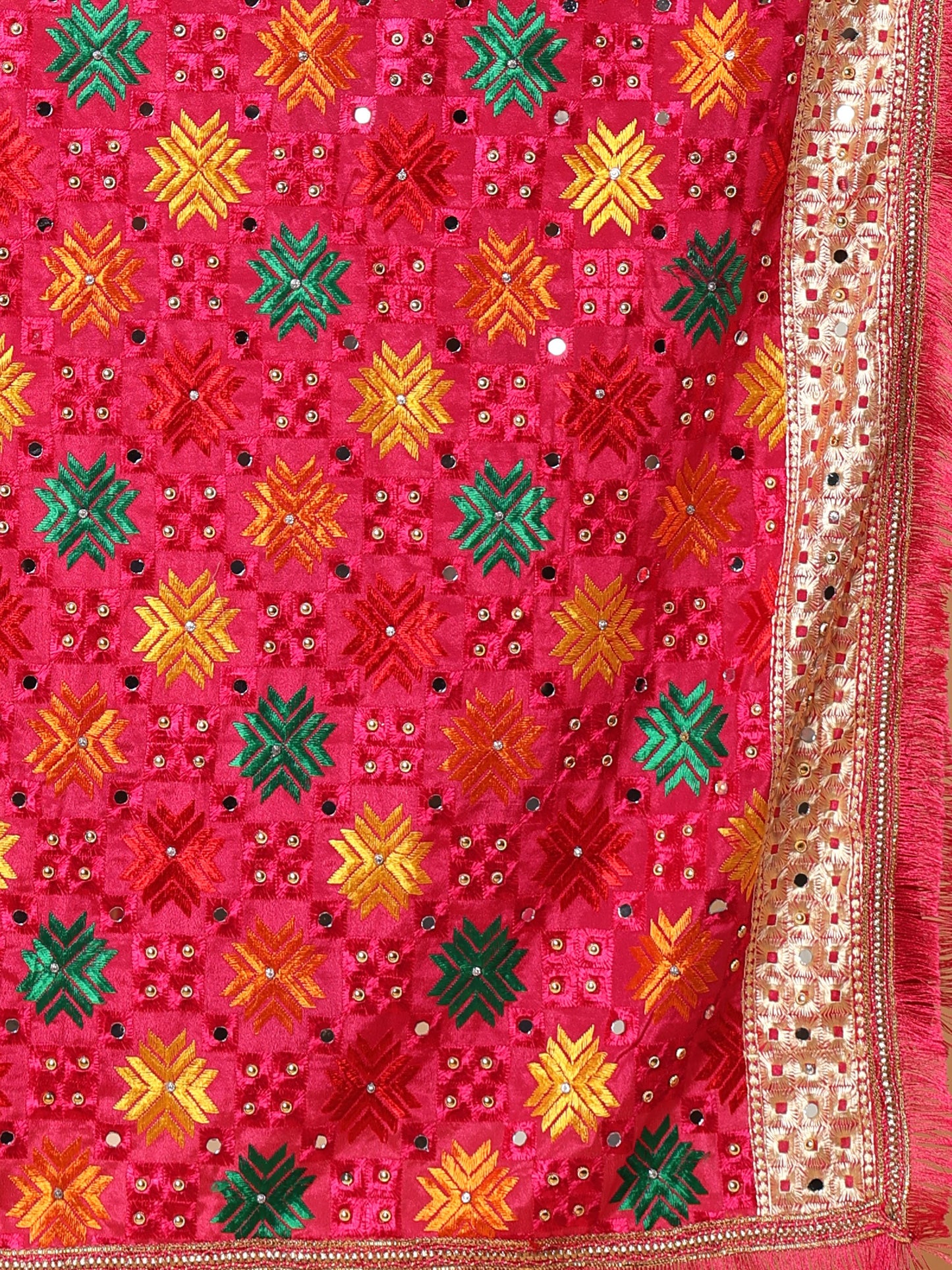 Magenta Multicolor Phulkari Dupattawith Mirror Work | MCMMPD0265
