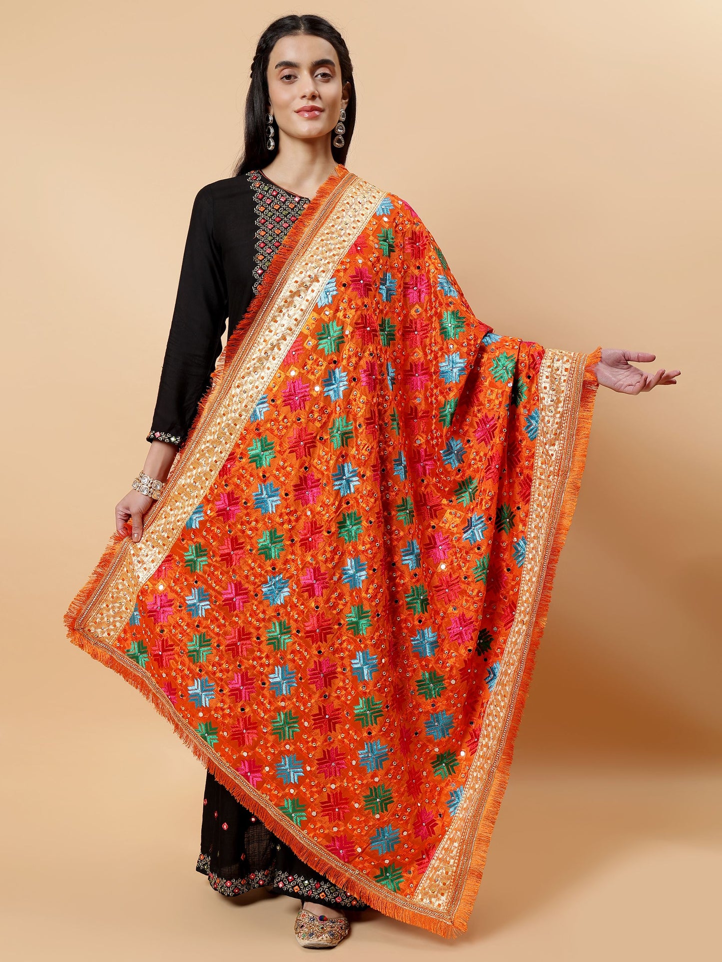 Orange Multicolor Phulkari Dupatta with Mirror Work | MCMMPD0268
