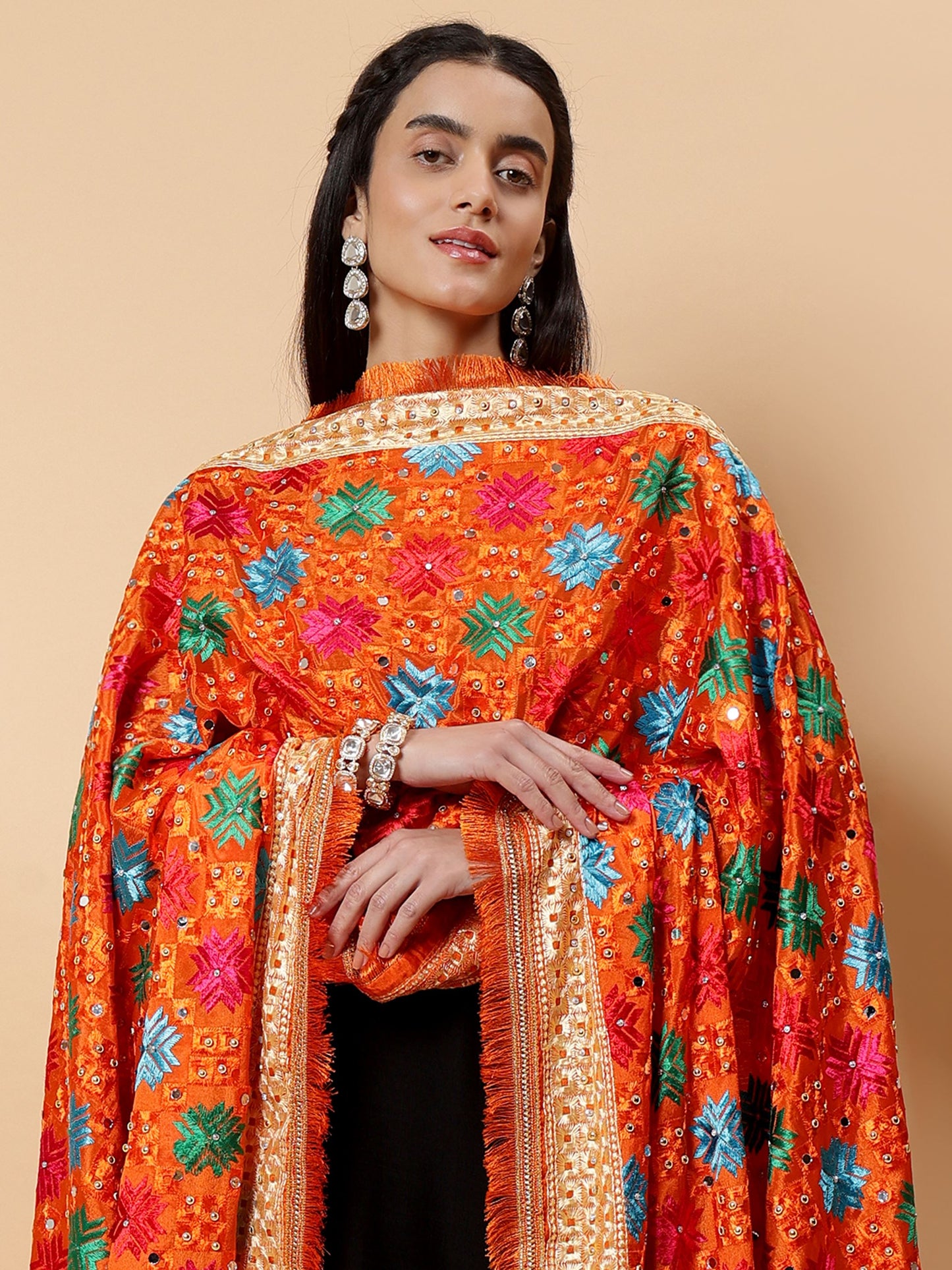 Orange Multicolor Phulkari Dupatta with Mirror Work | MCMMPD0268