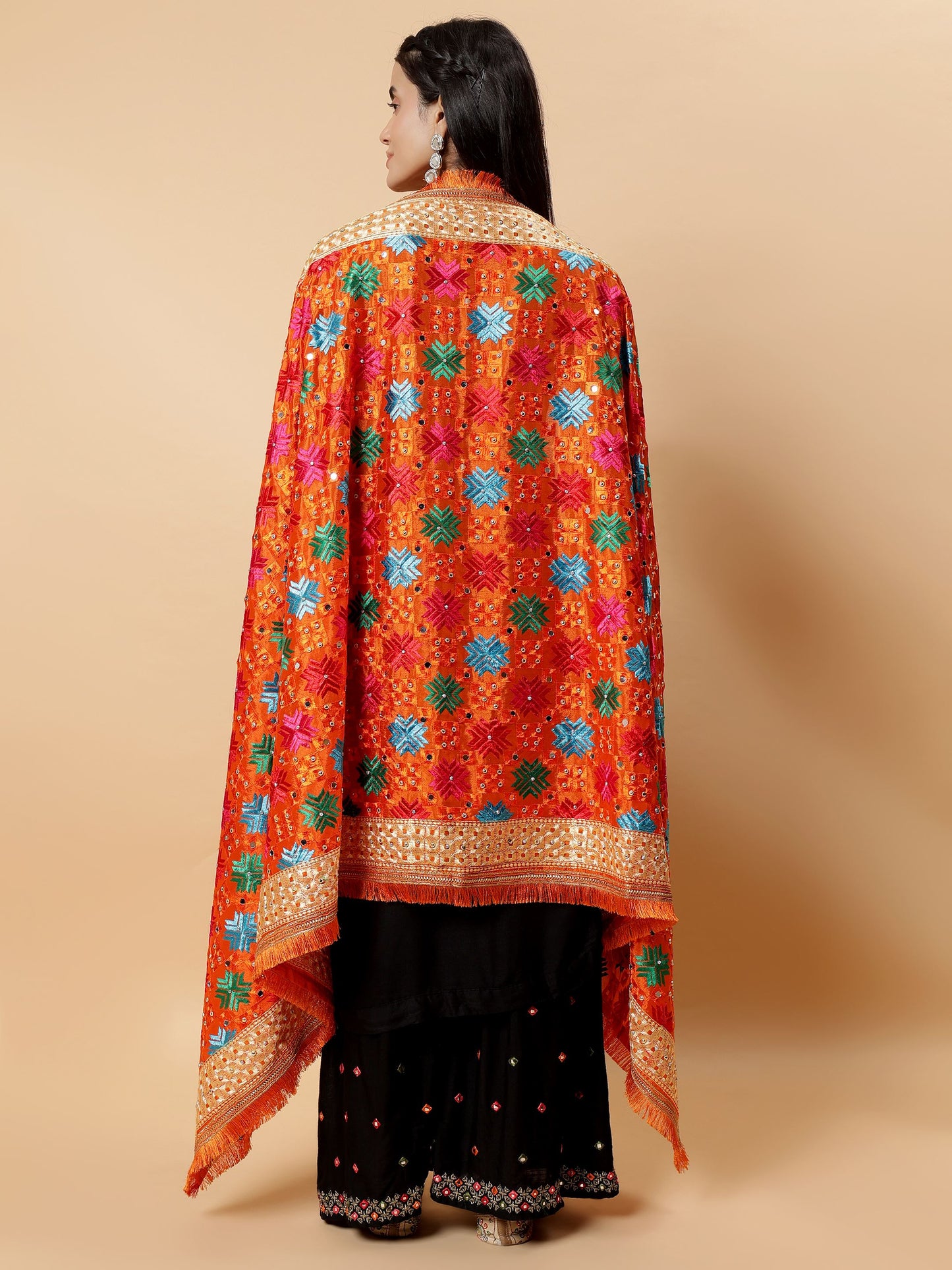 Orange Multicolor Phulkari Dupatta with Mirror Work | MCMMPD0268