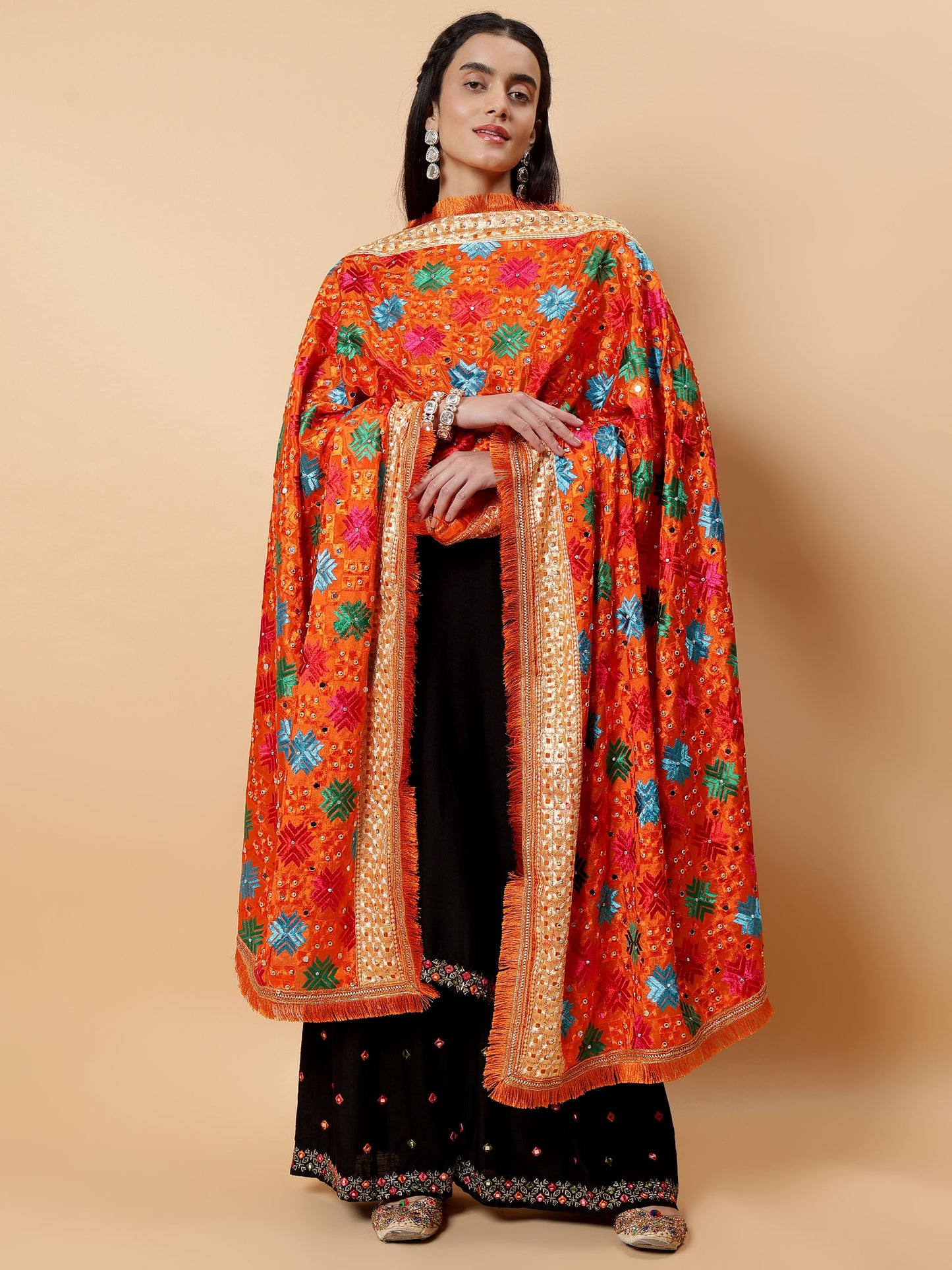 Orange Multicolor Phulkari Dupatta with Mirror Work | MCMMPD0268