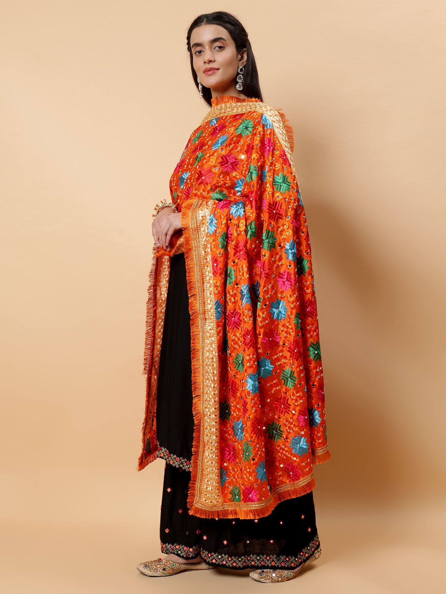 Orange Multicolor Phulkari Dupatta with Mirror Work | MCMMPD0268
