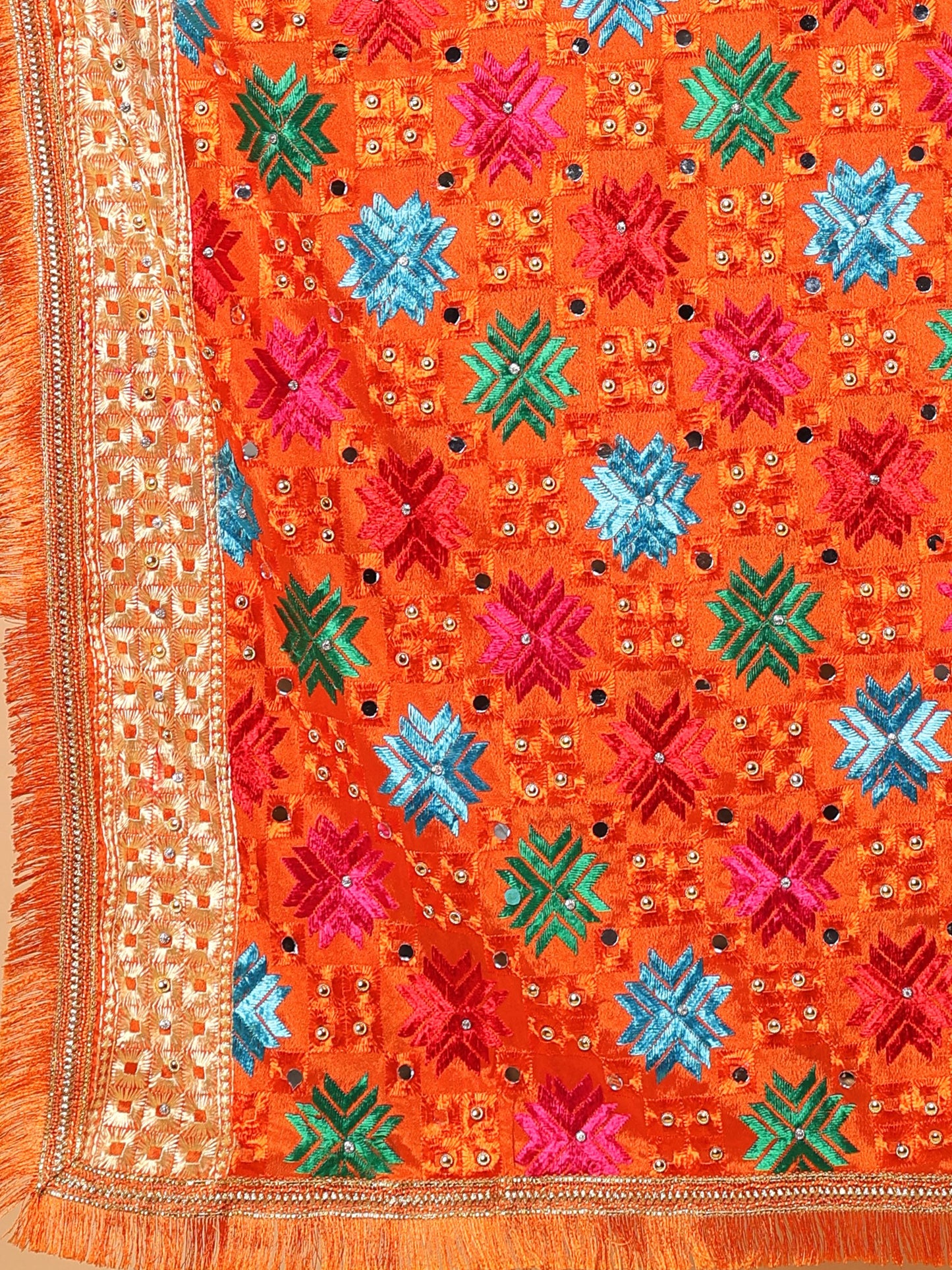 Orange Multicolor Phulkari Dupatta with Mirror Work | MCMMPD0268