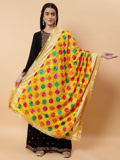 Yellow Multicolor Phulkari Dupatta with Mirror Work | MCMMPD0269
