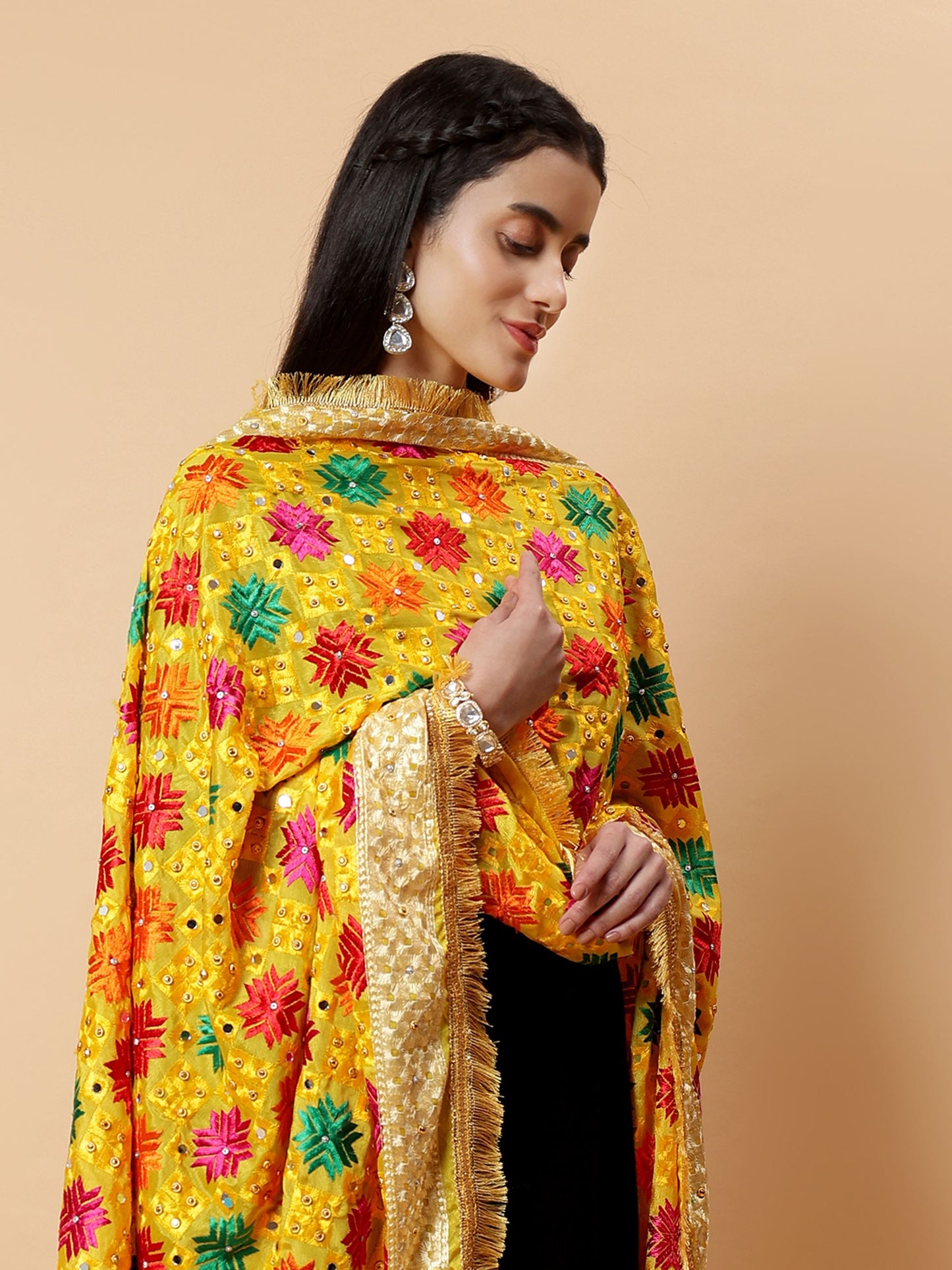 Yellow Multicolor Phulkari Dupatta with Mirror Work | MCMMPD0269