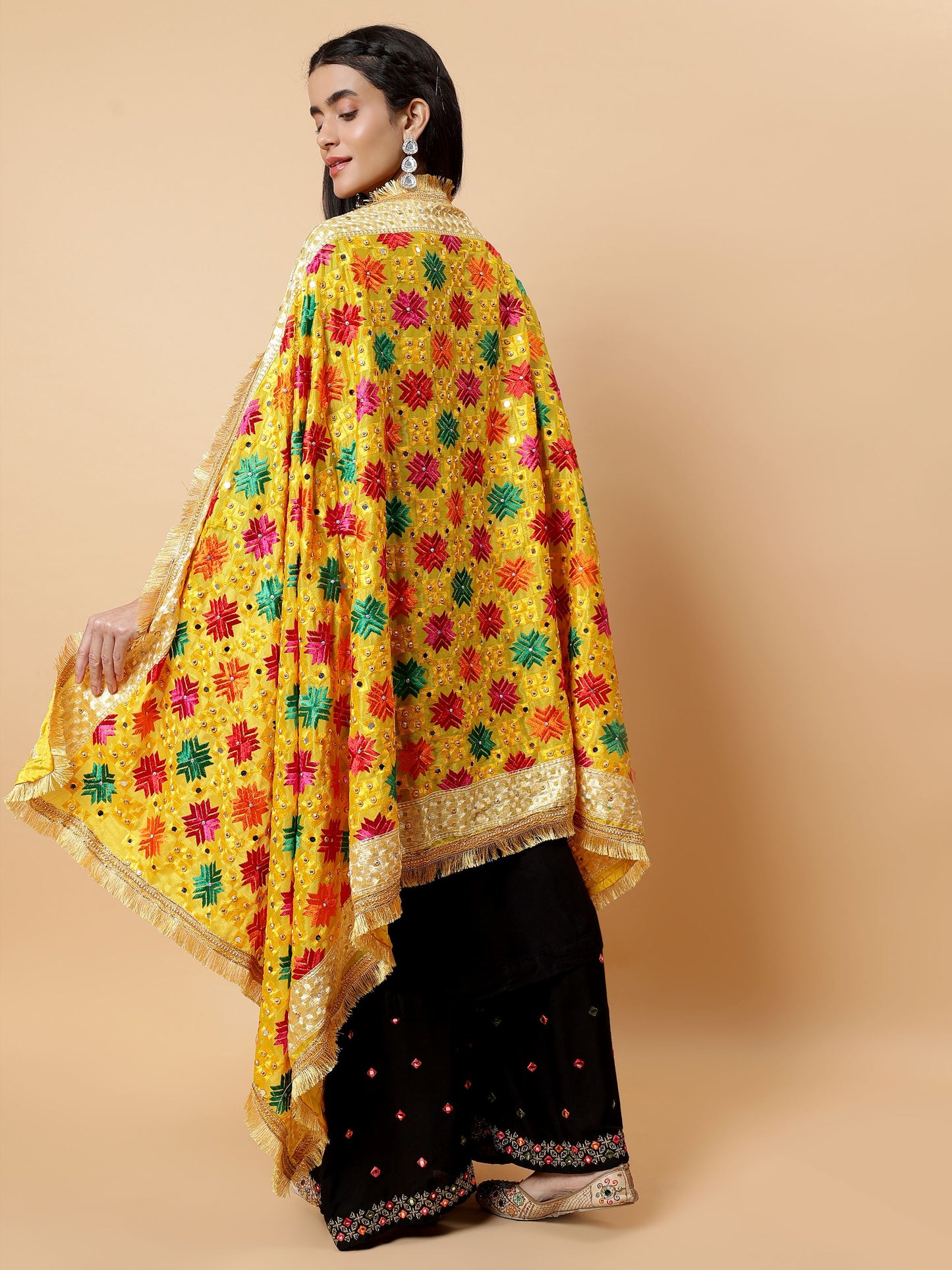 Yellow Multicolor Phulkari Dupatta with Mirror Work | MCMMPD0269