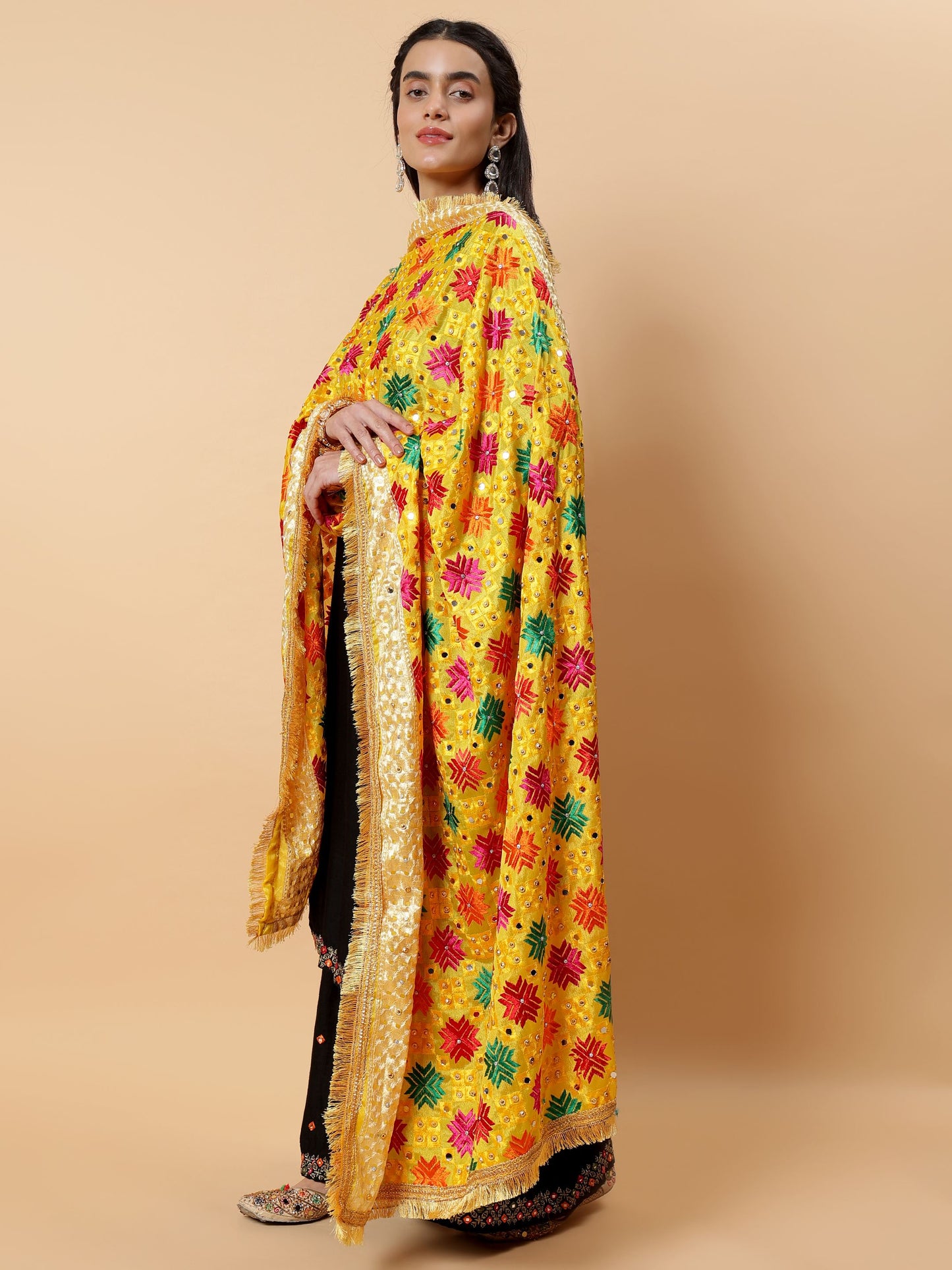 Yellow Multicolor Phulkari Dupatta with Mirror Work | MCMMPD0269