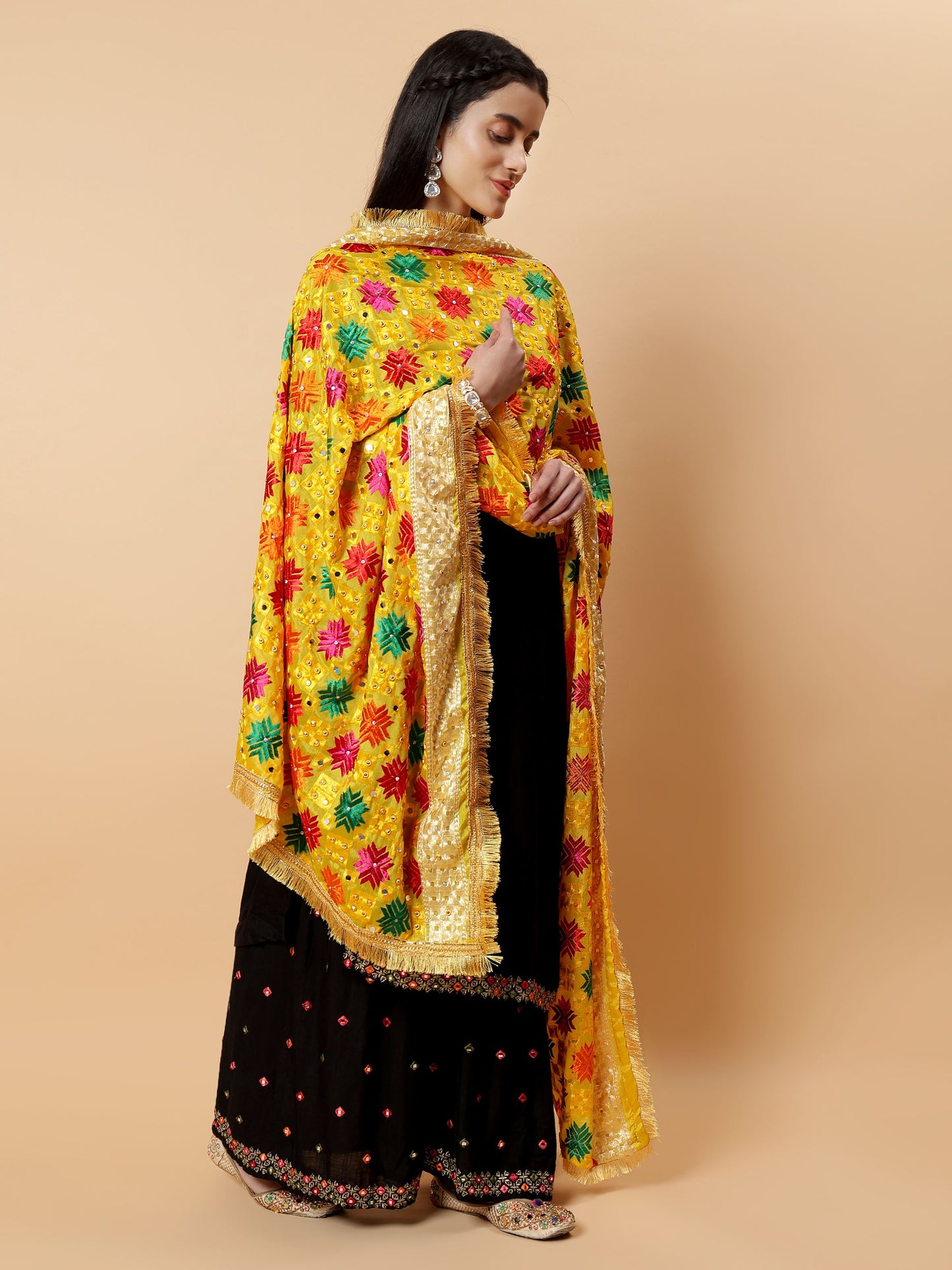 Yellow Multicolor Phulkari Dupatta with Mirror Work | MCMMPD0269
