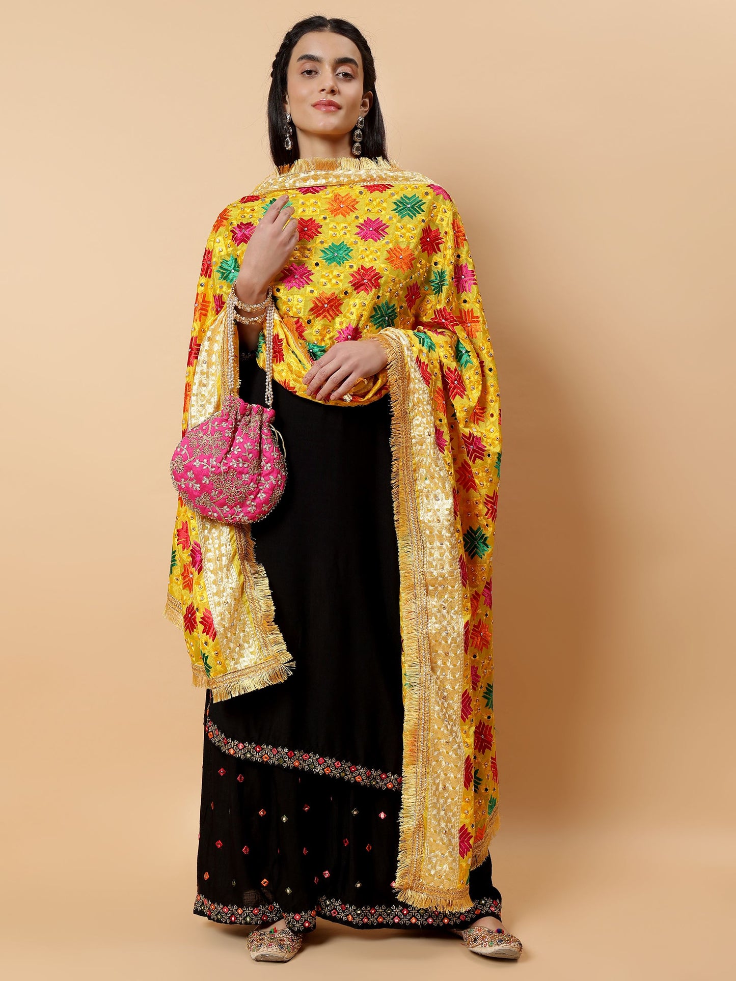 Yellow Multicolor Phulkari Dupatta with Mirror Work | MCMMPD0269