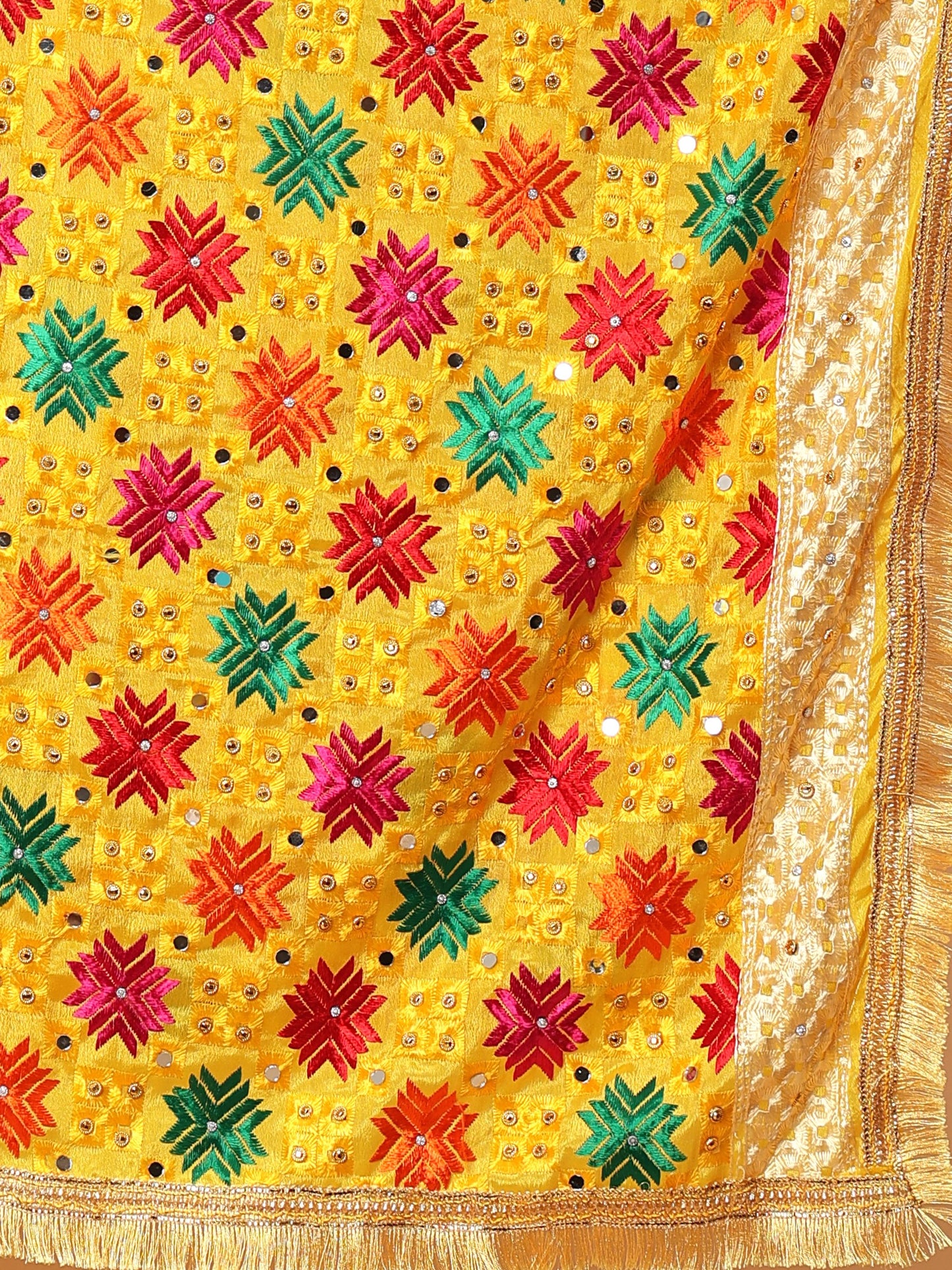 Yellow Multicolor Phulkari Dupatta with Mirror Work | MCMMPD0269