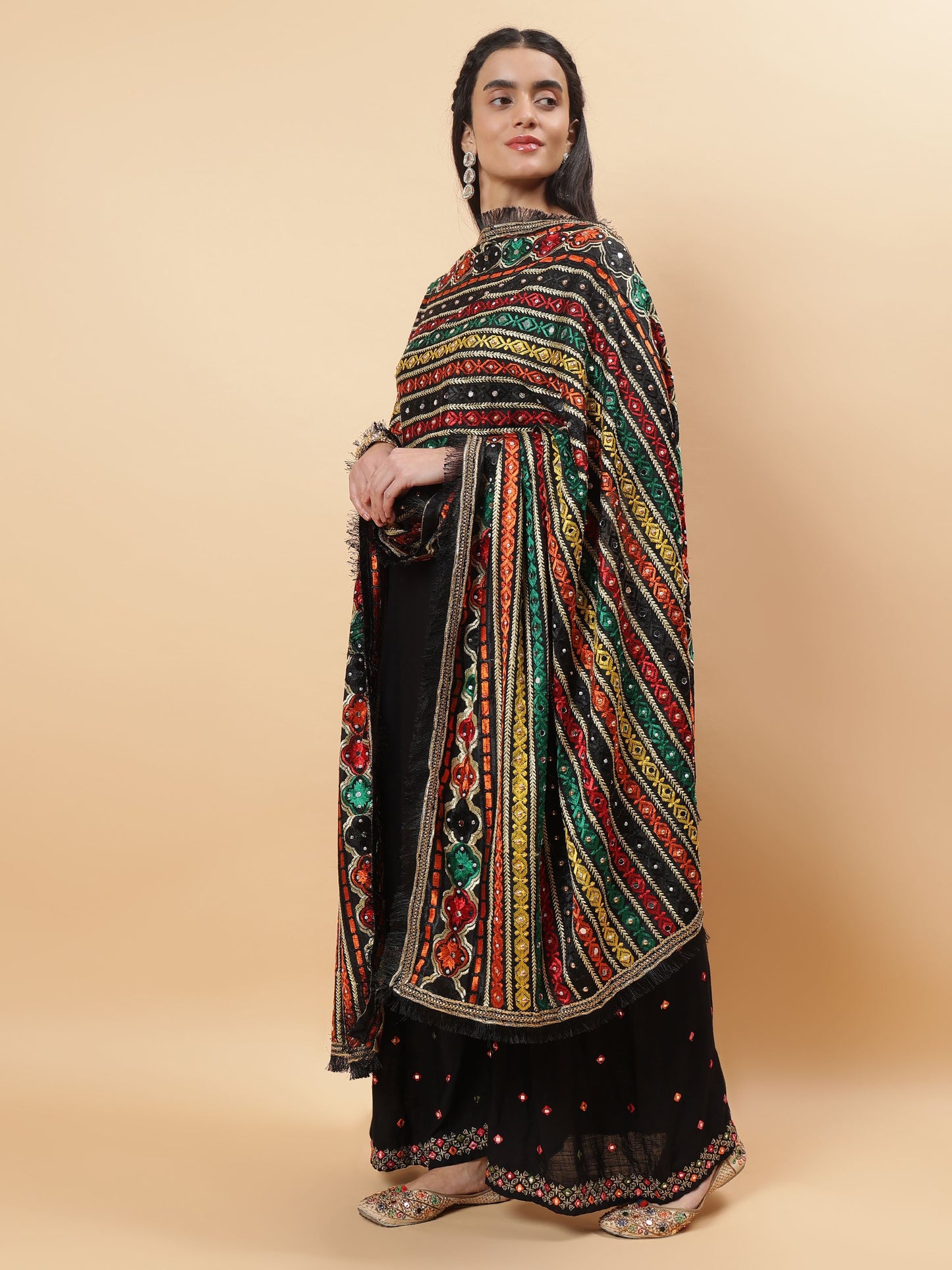 Black Multicolor Striped Pattern Phulkari Dupatta with Mirror Work | MCMMPD0271