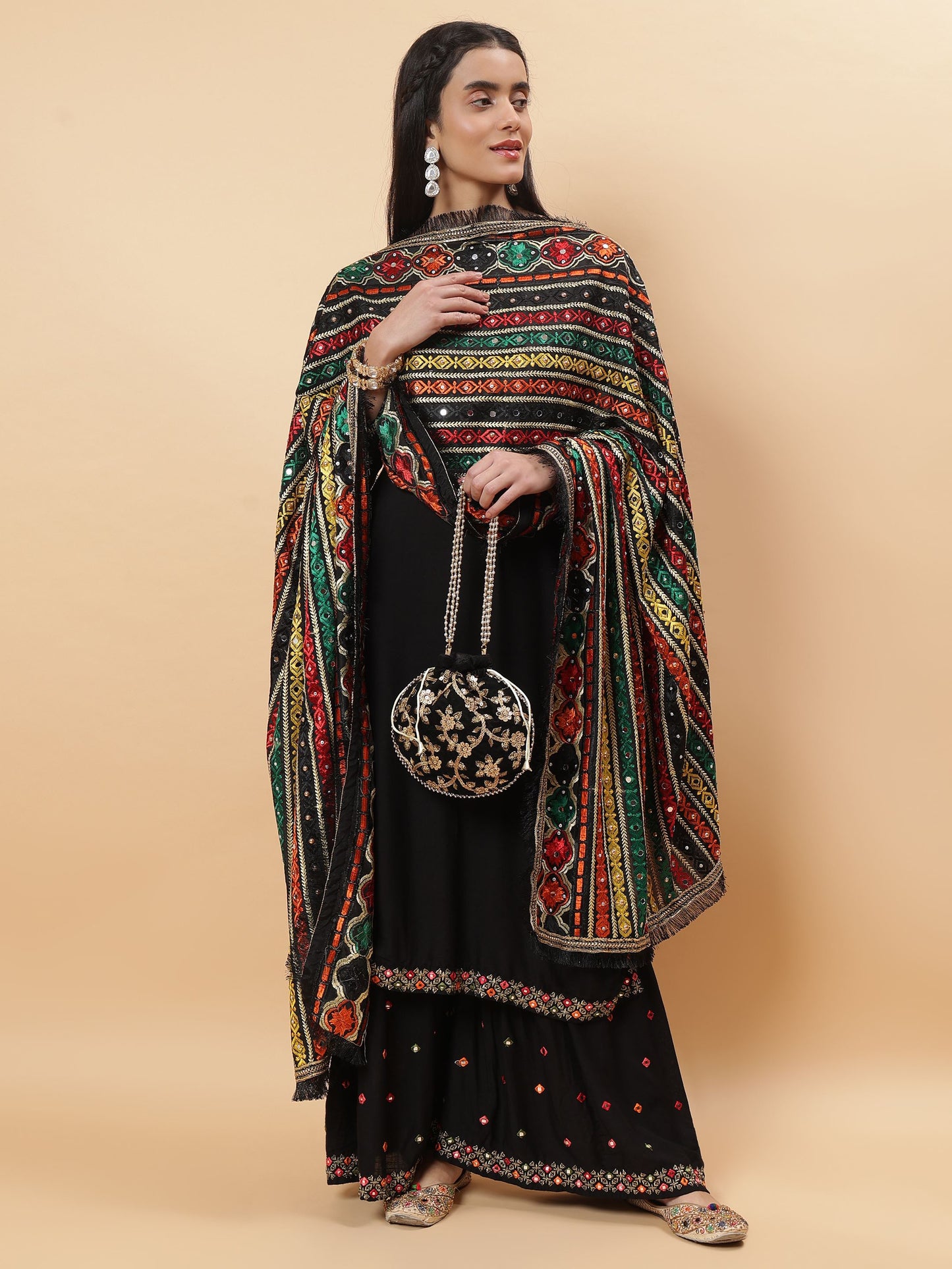 Black Multicolor Striped Pattern Phulkari Dupatta with Mirror Work | MCMMPD0271