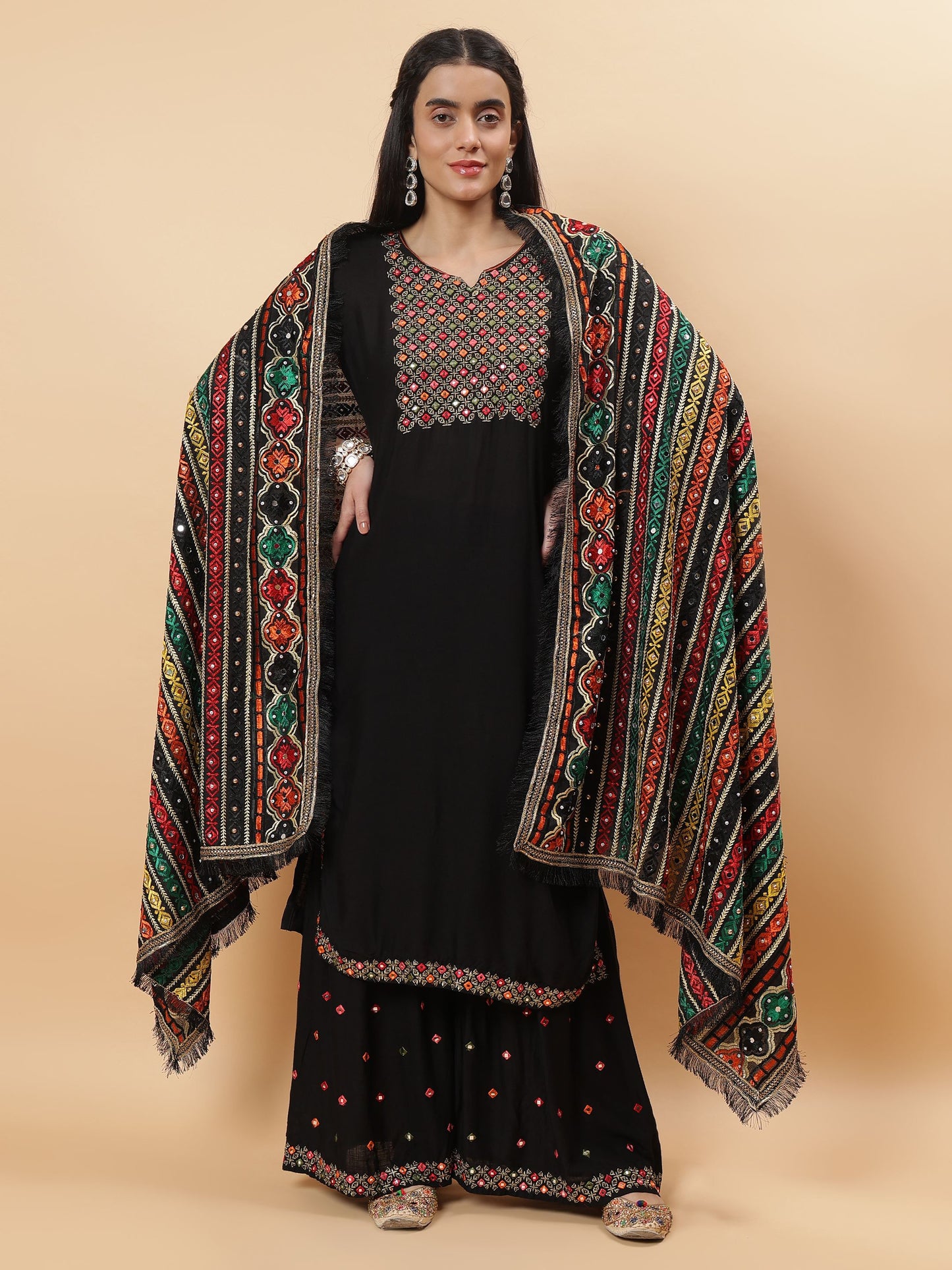 Black Multicolor Striped Pattern Phulkari Dupatta with Mirror Work | MCMMPD0271